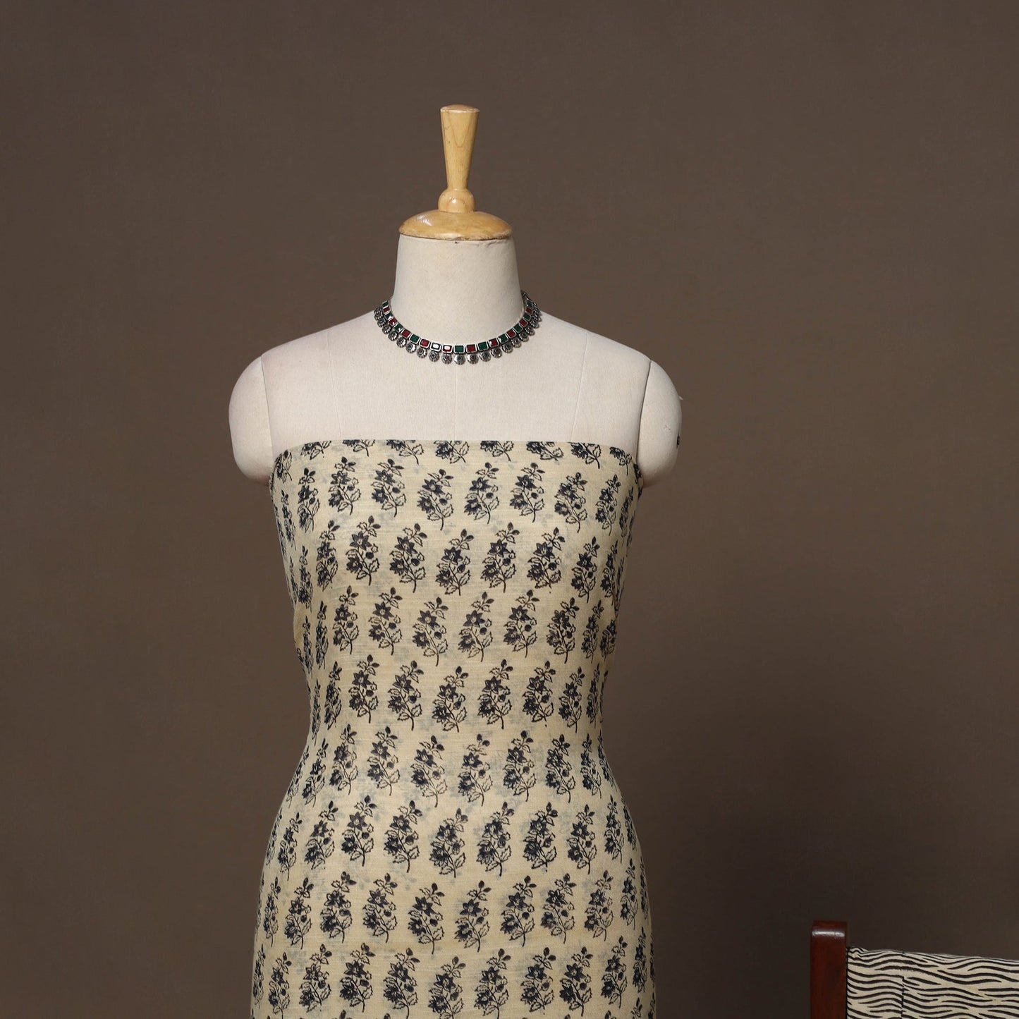Hand block bagru print linen 3pc unstitched dress material