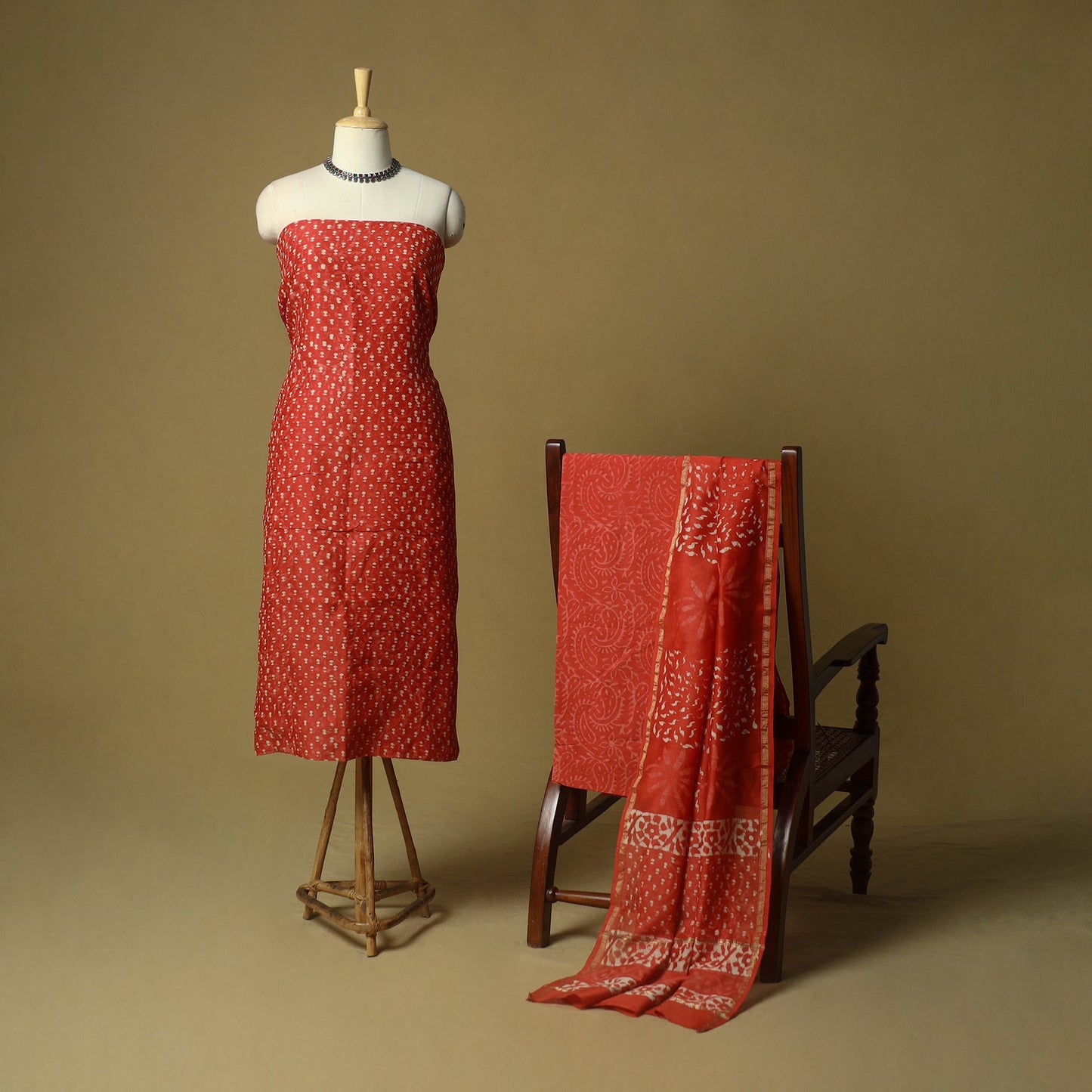 Hand block batik print chanderi silk 3pc unstitched dress