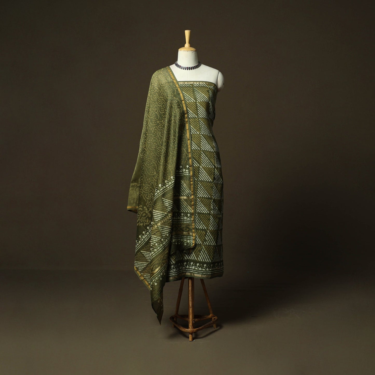 Hand block batik print chanderi silk 3pc unstitched dress