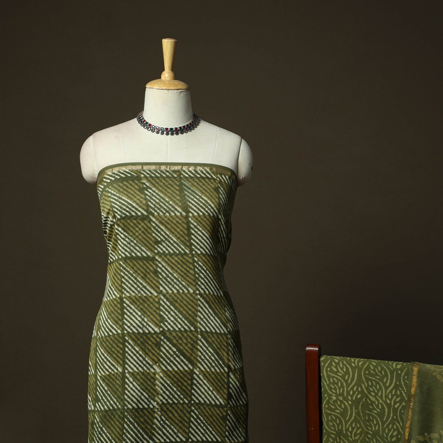 Hand block batik print chanderi silk 3pc unstitched dress