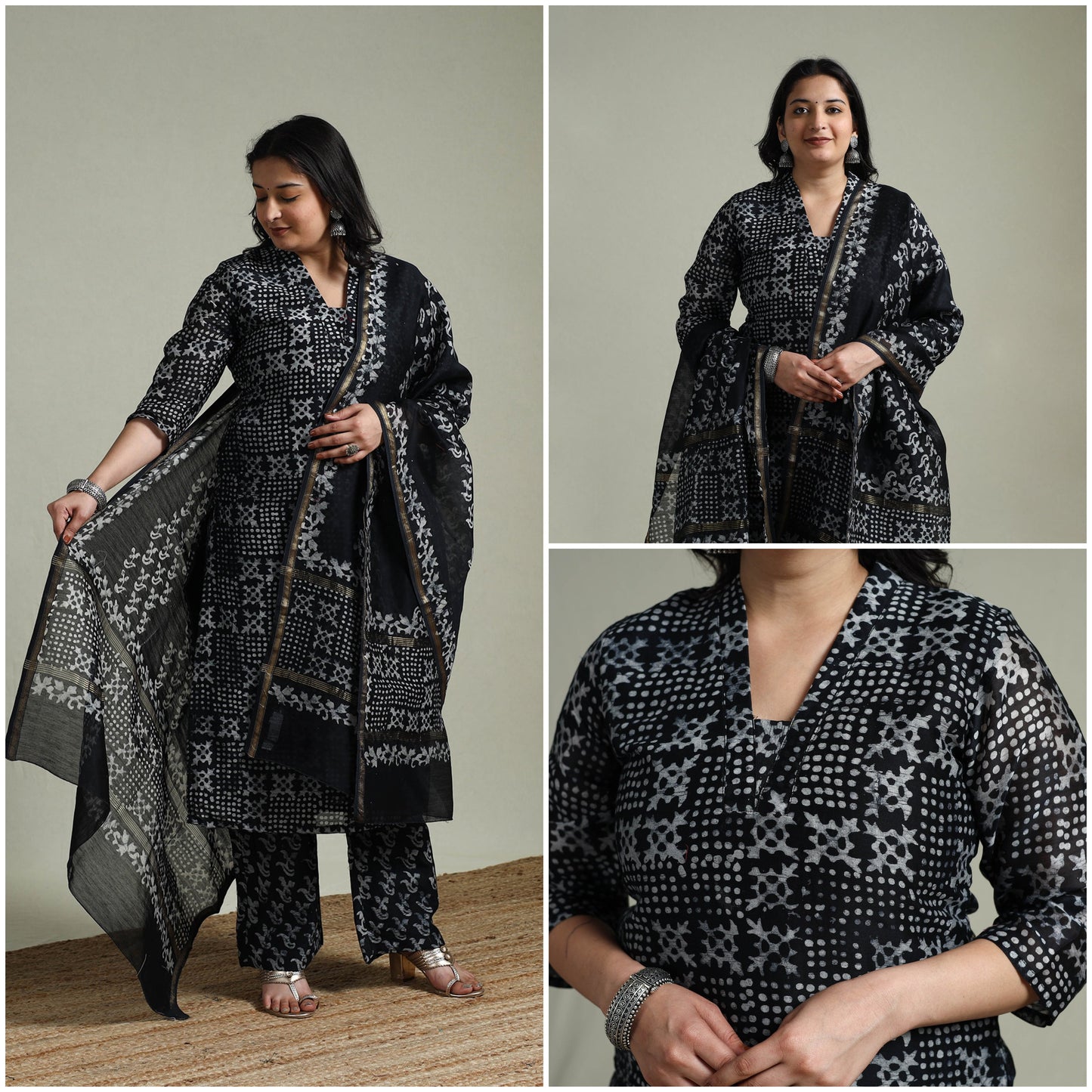 Hand block batik print chanderi silk suit set with dupatta