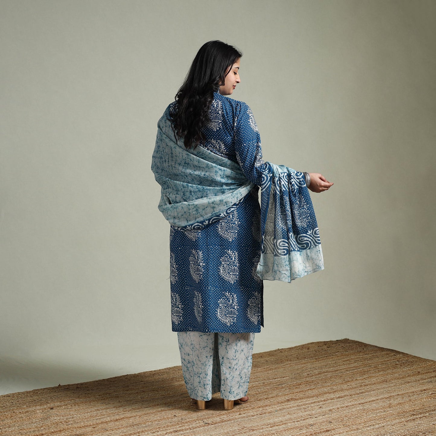 Hand block batik print cotton suit set with dupatta