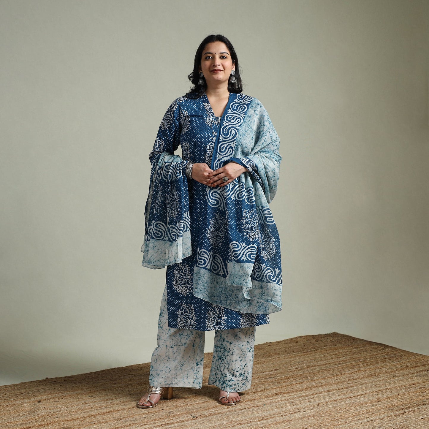 Hand block batik print cotton suit set with dupatta