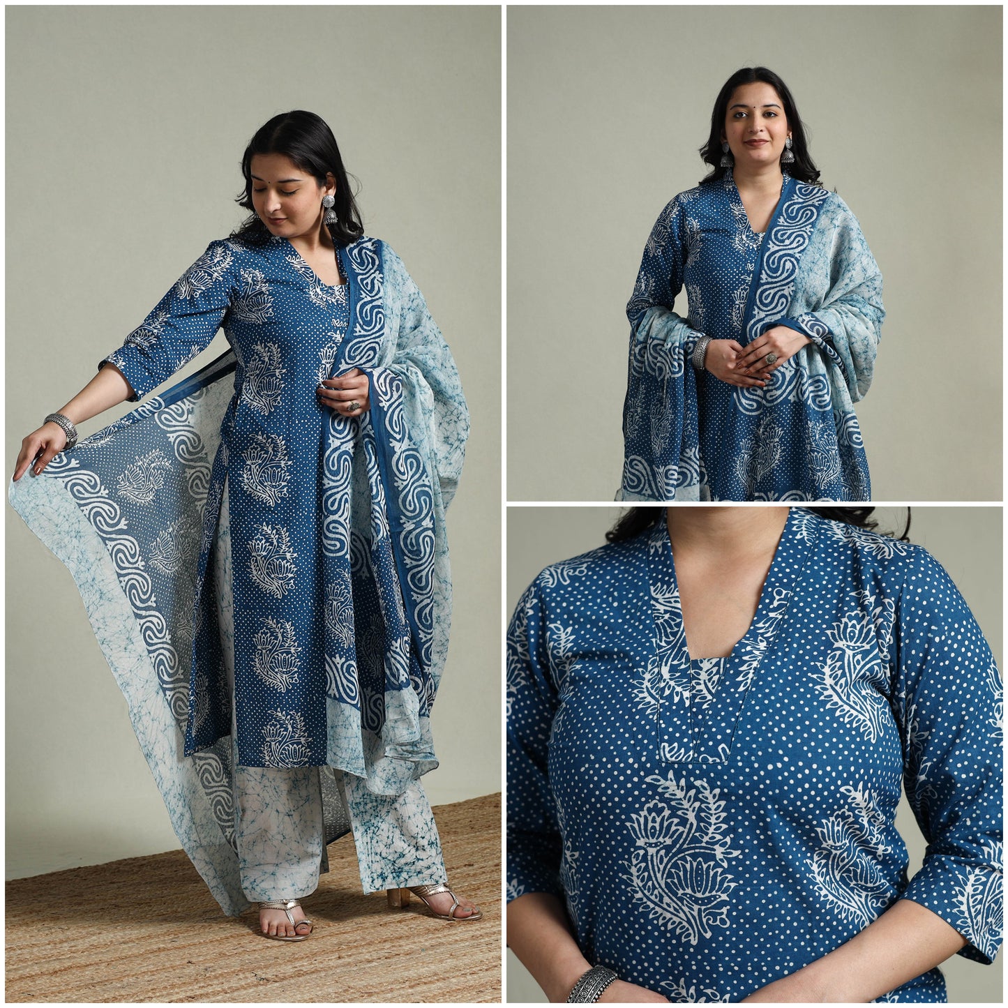 Hand block batik print cotton suit set with dupatta