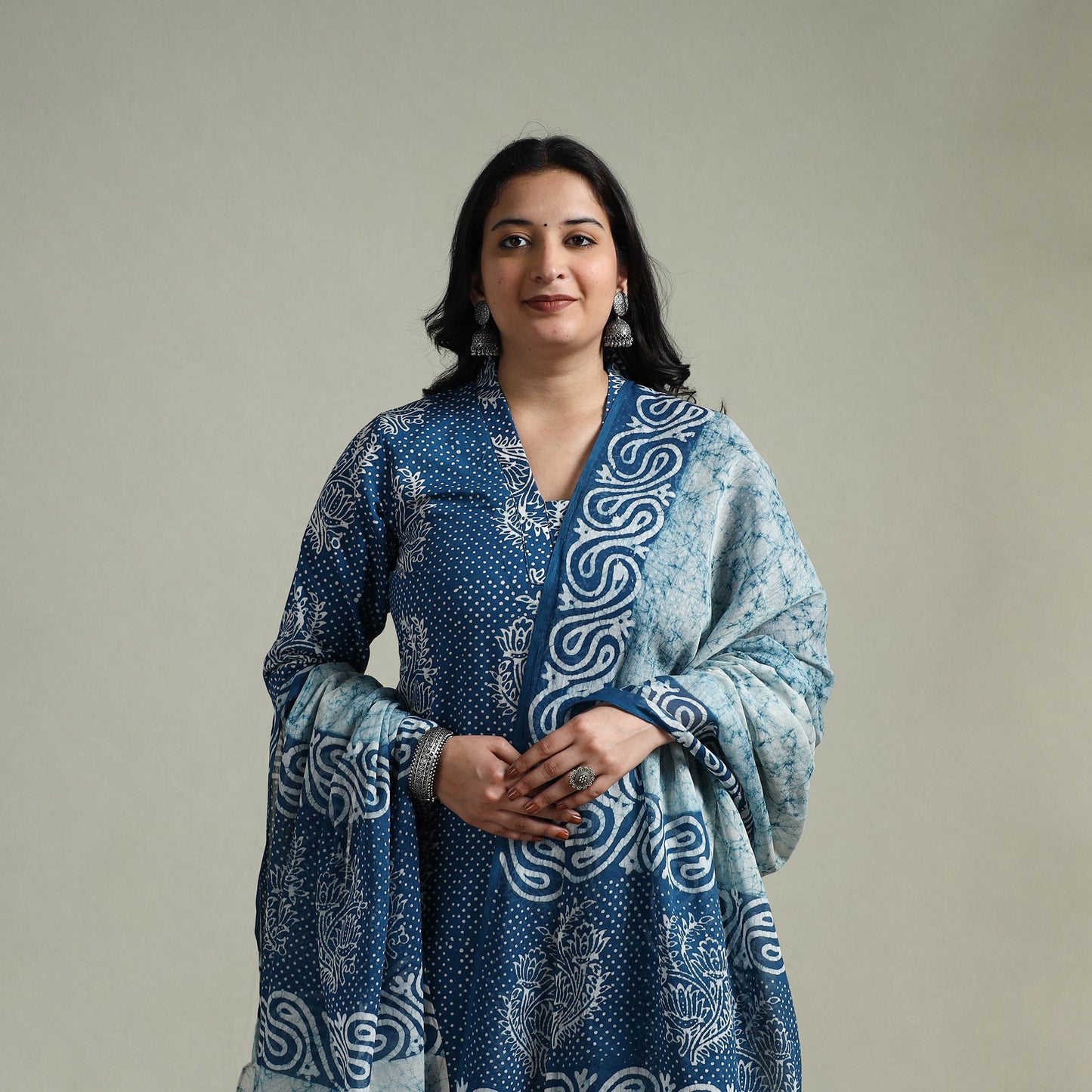 Hand block batik print cotton suit set with dupatta