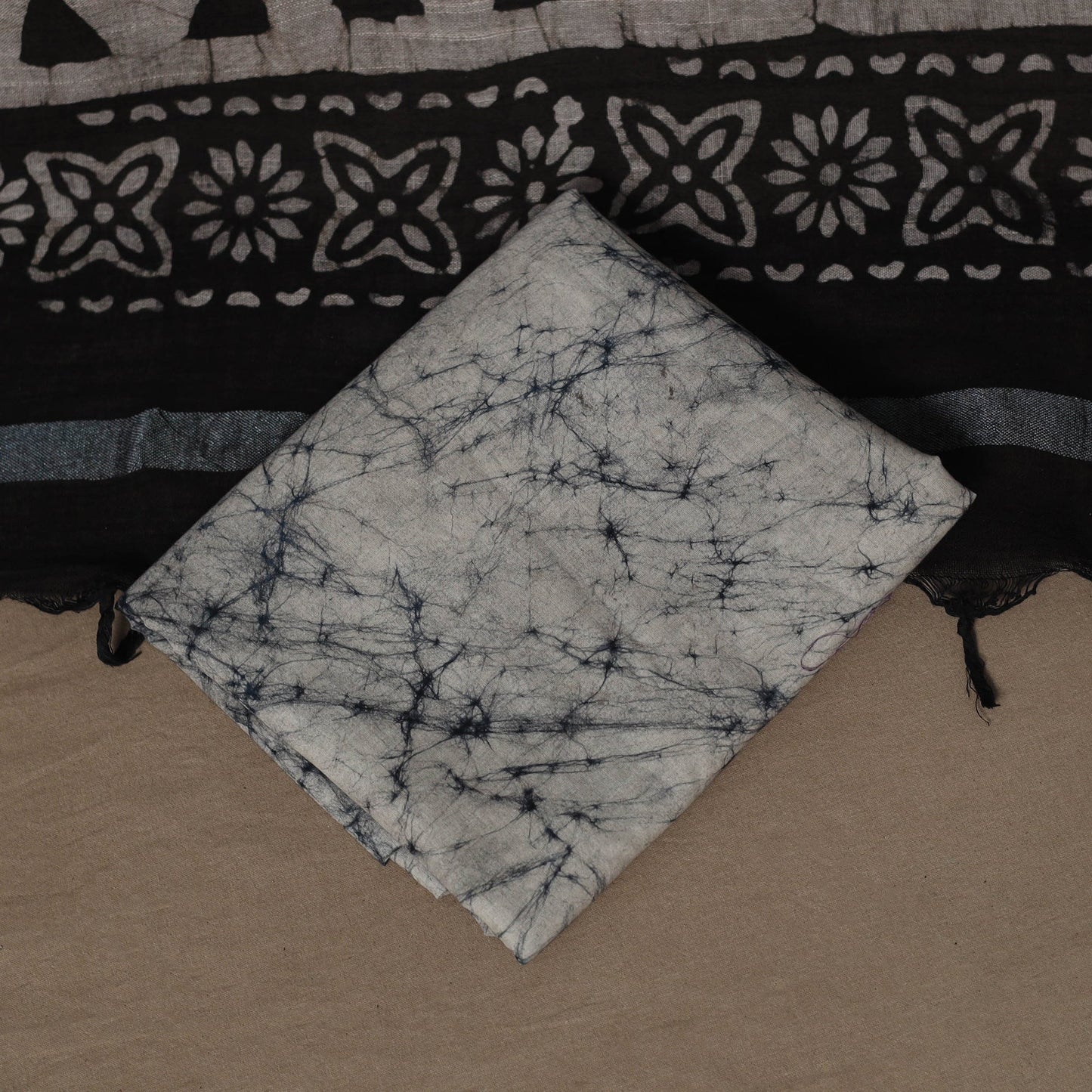 Hand block batik print linen 3pc unstitched dress material