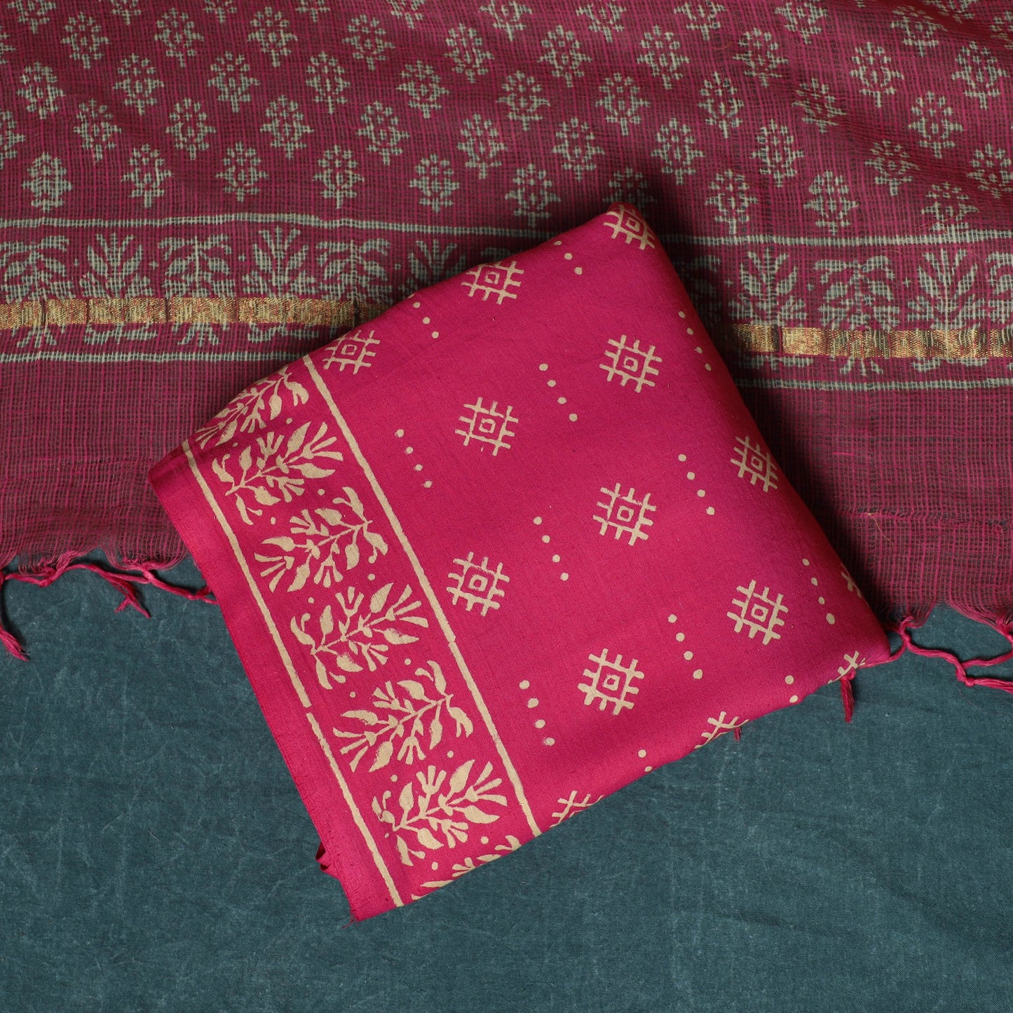 Hand block jaipur print cotton 3pc unstitched dress