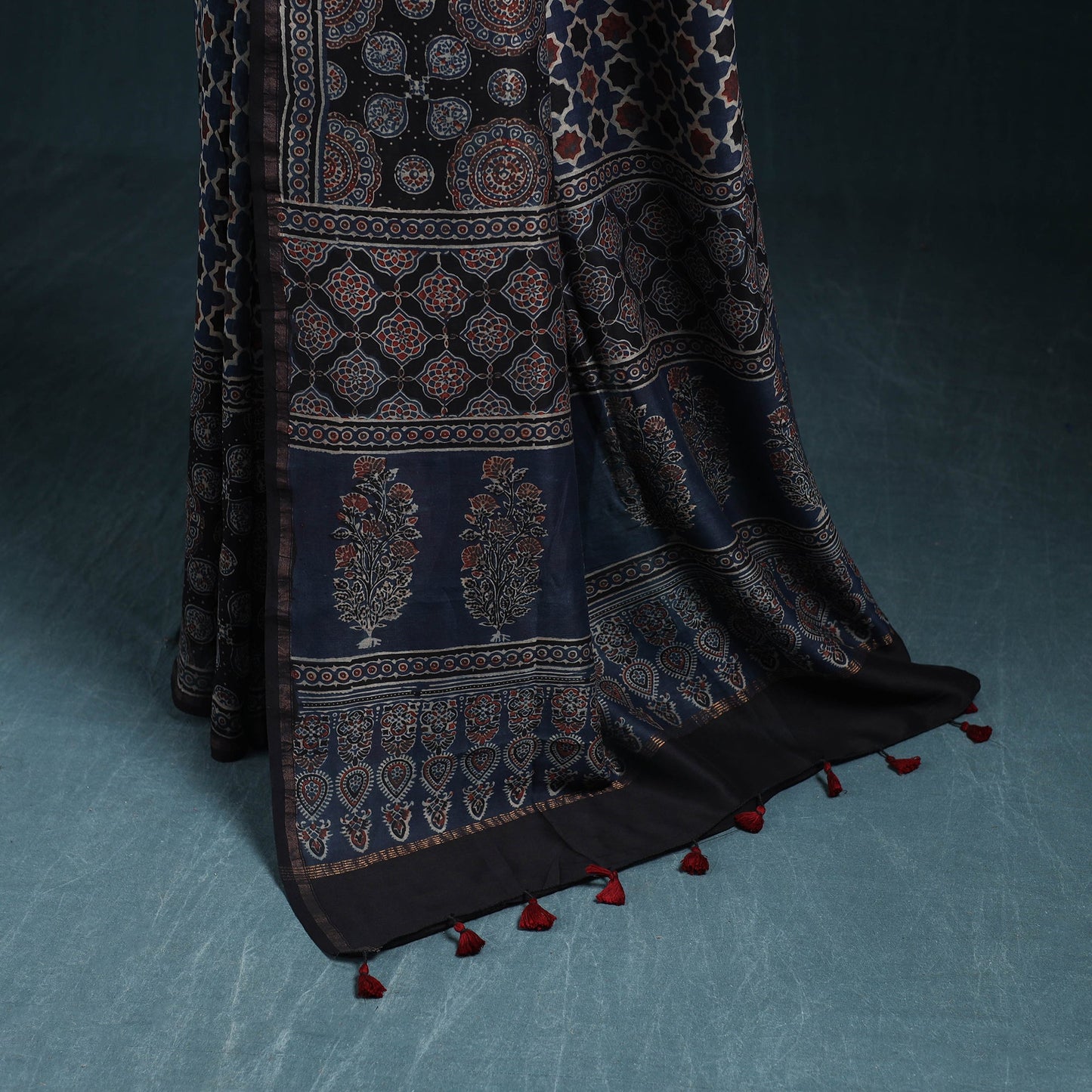 Hand block print natural dyed chanderi silk ajrakh saree 16