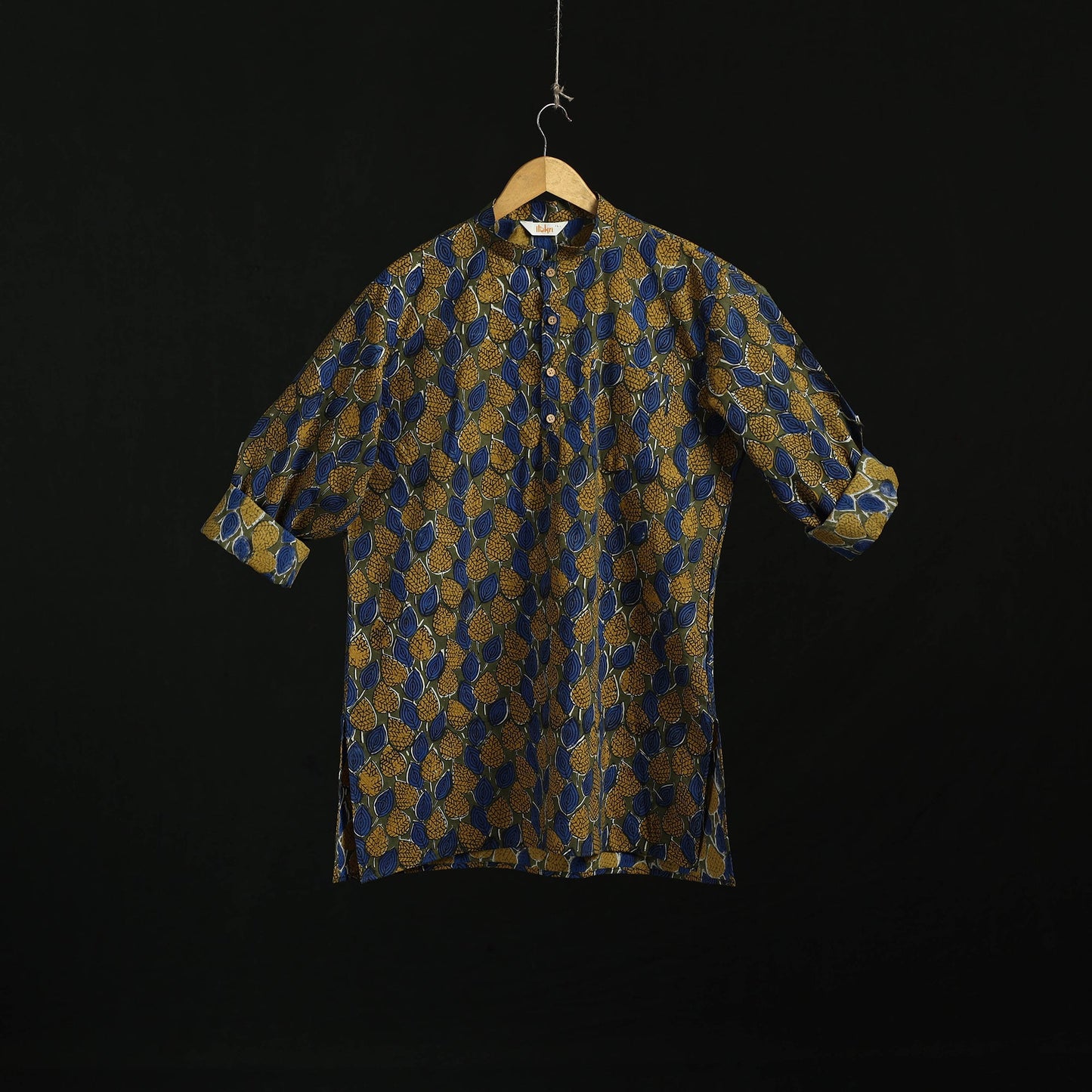 Hand block print natural dyed cotton short bagru kurta