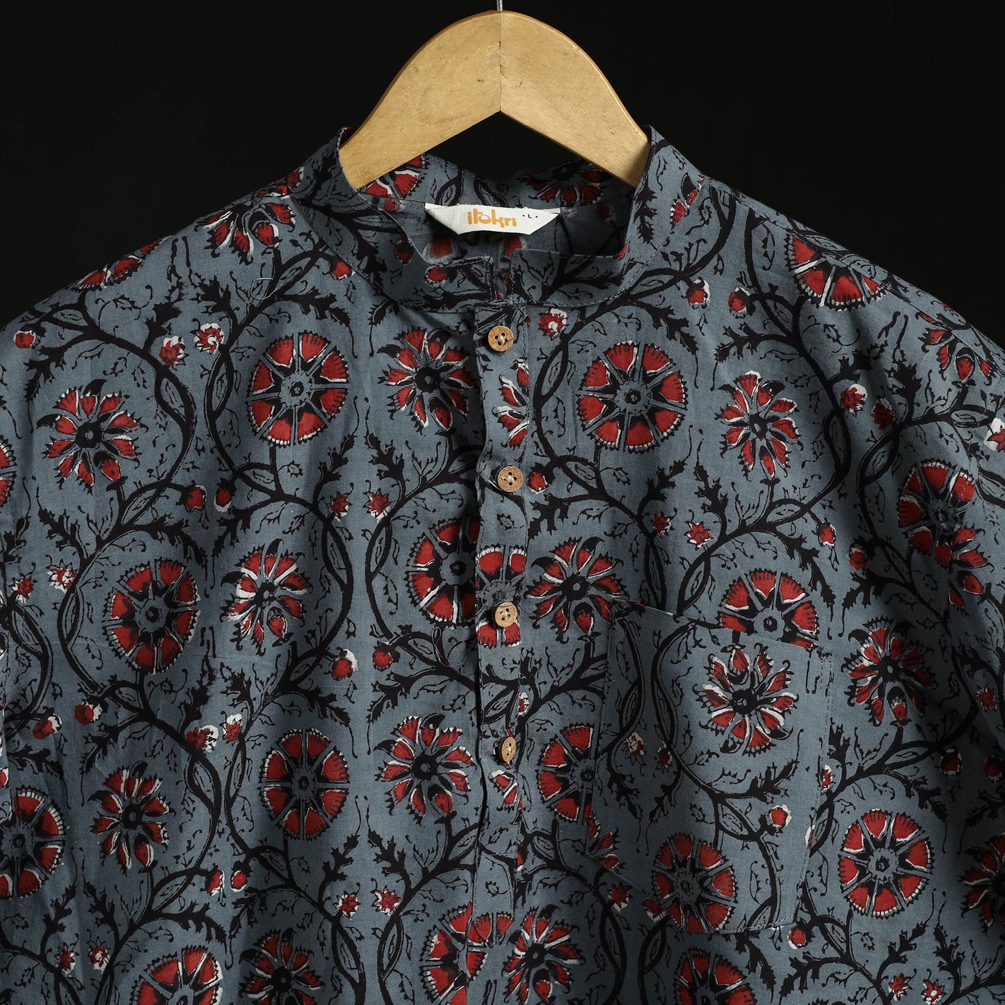 Hand block print natural dyed cotton short bagru kurta