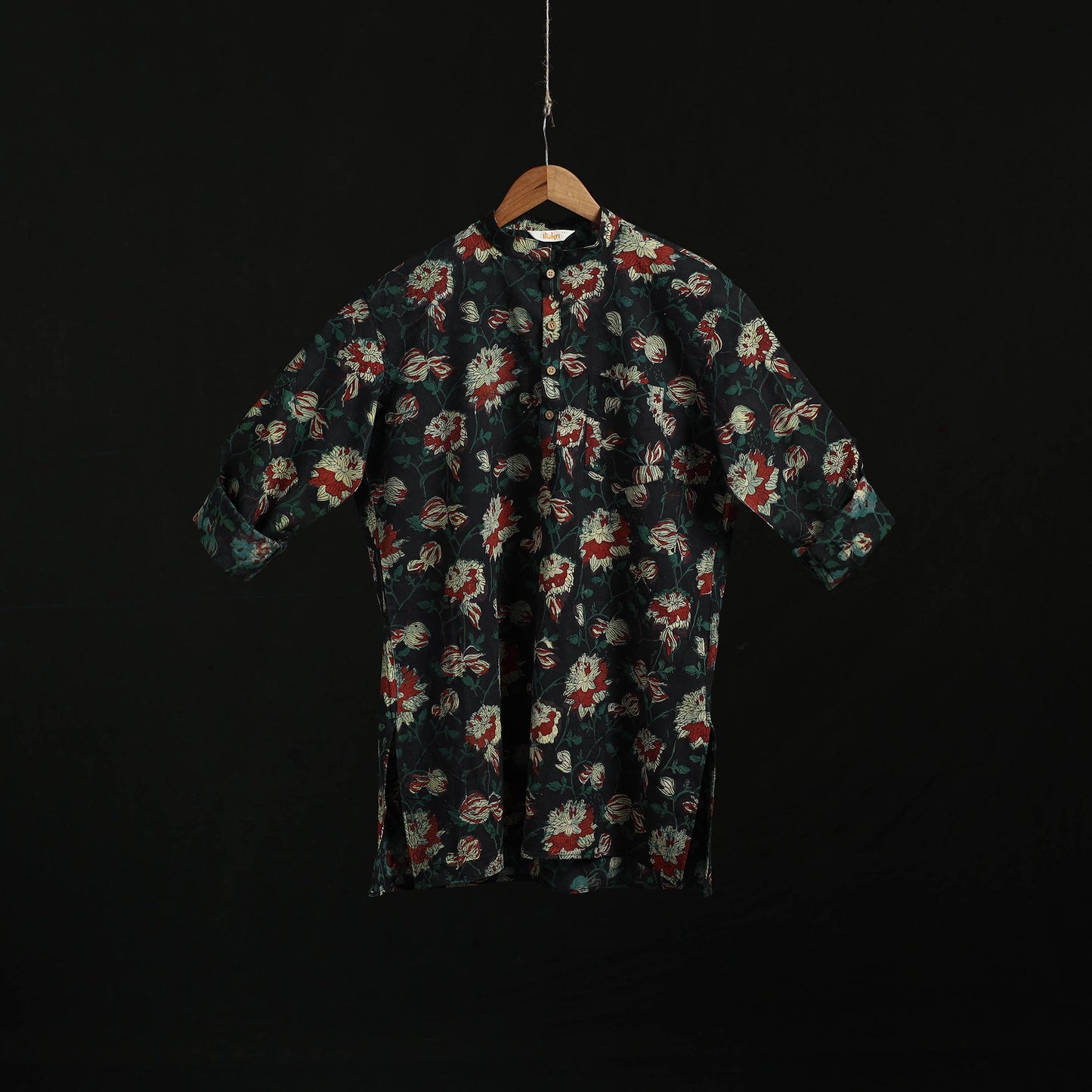 Hand block print natural dyed cotton short bagru kurta