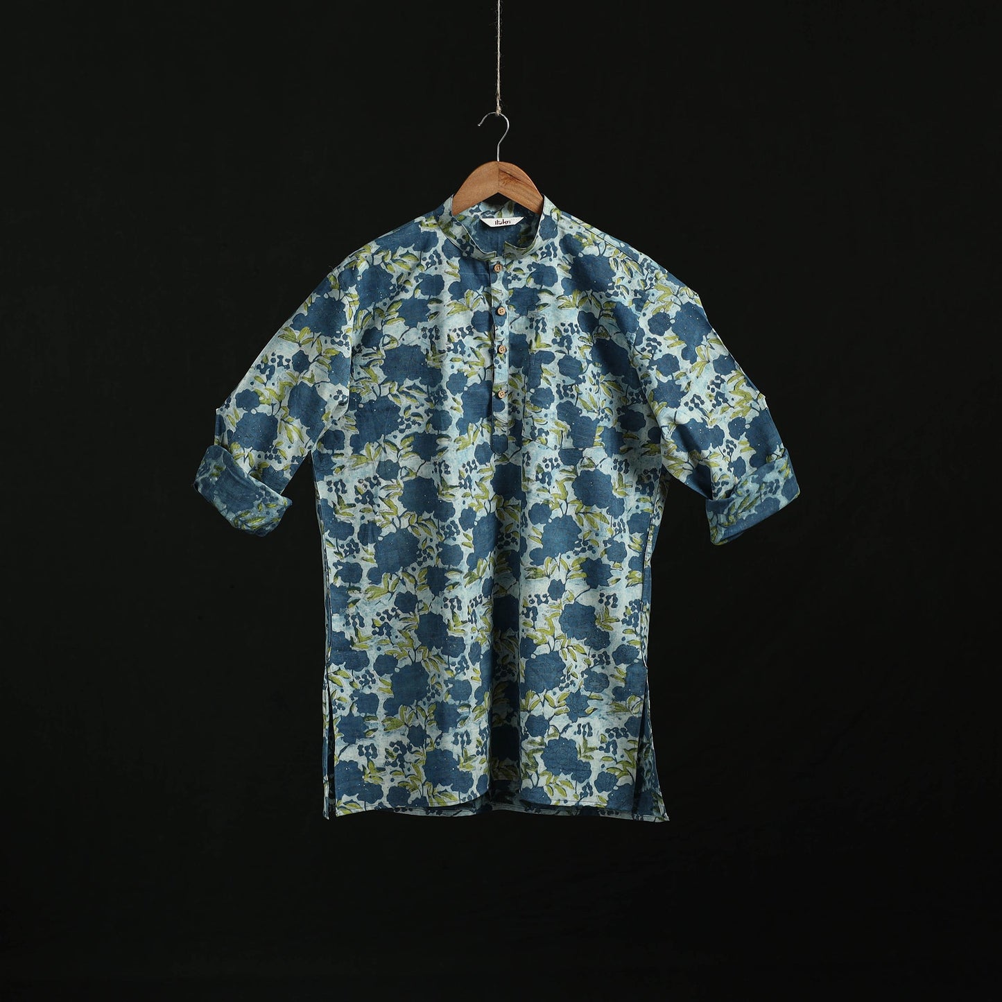 Hand block print natural dyed cotton short bagru kurta