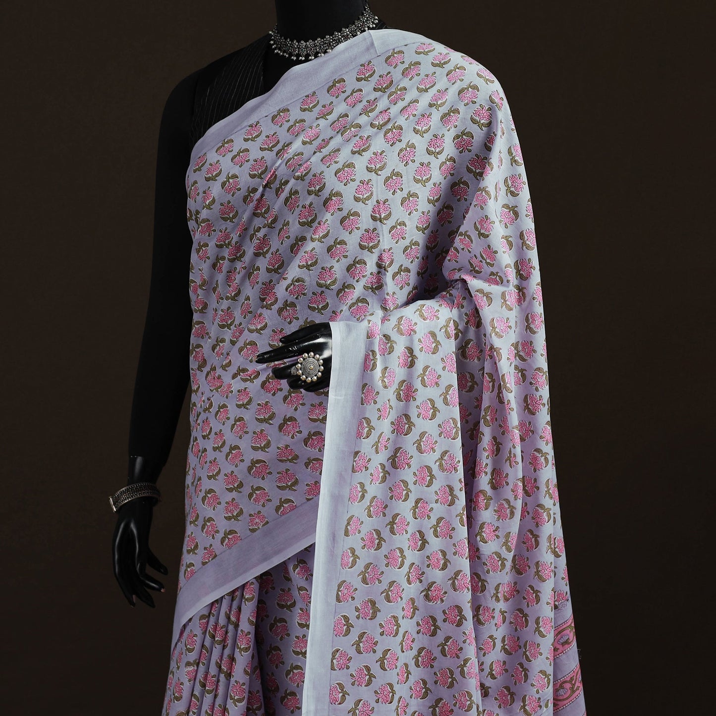 Hand block pure mul cotton sanganeri floral print saree 27