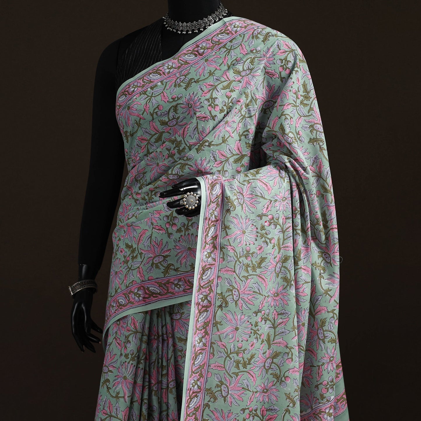 Hand block pure mul cotton sanganeri floral print saree 28