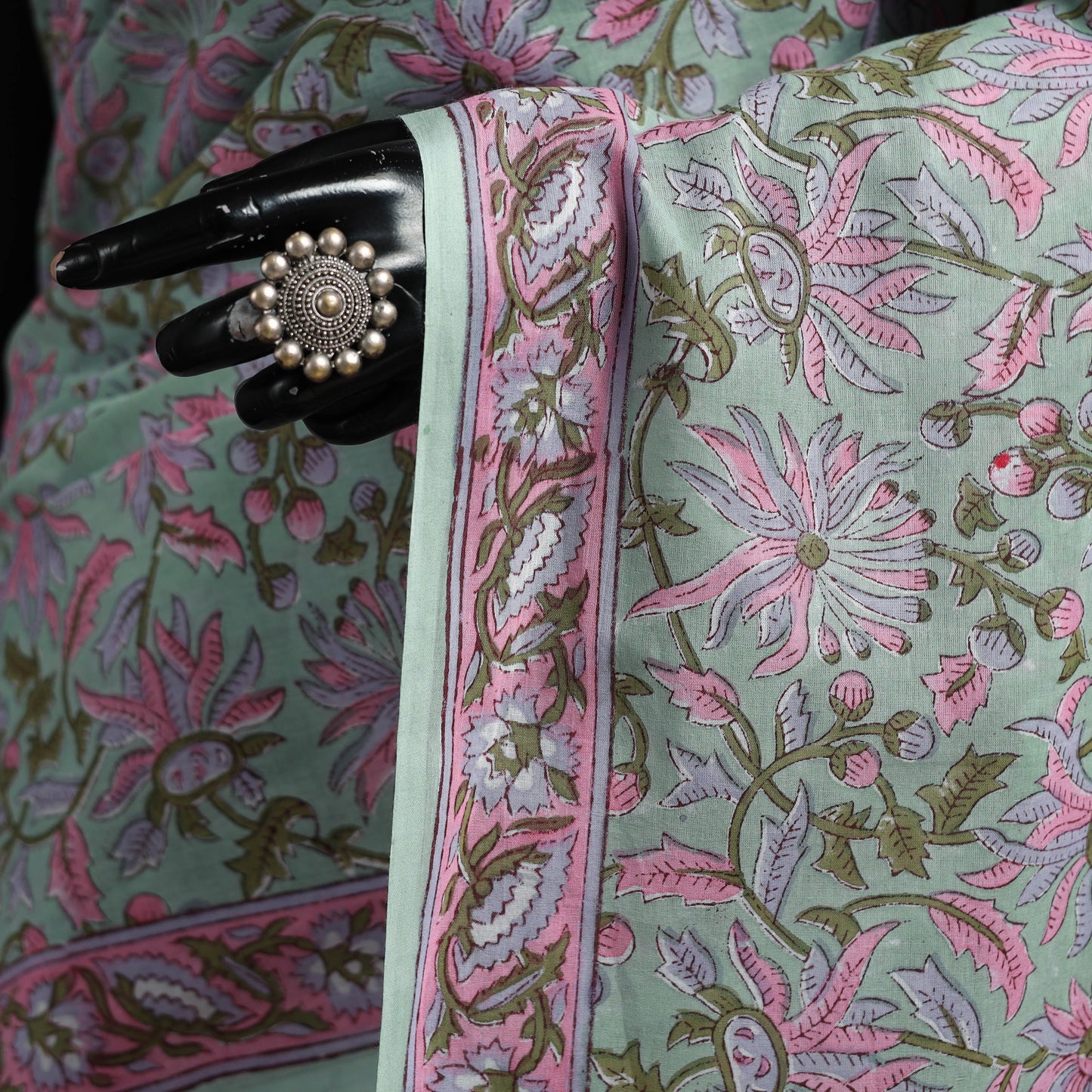 Hand block pure mul cotton sanganeri floral print saree 28