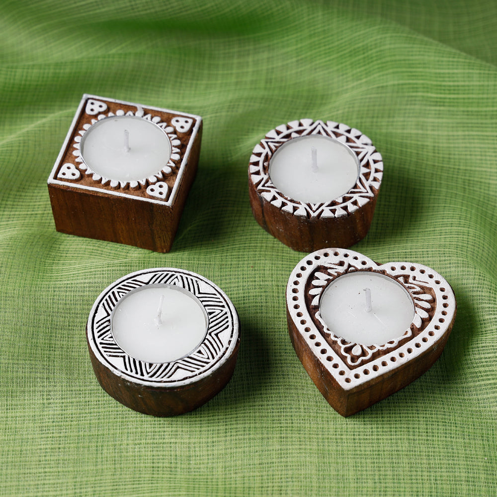 Hand Carved Sheesham Wood Block Tealight Candle Holder (Set of 4) Online at iTokri.com