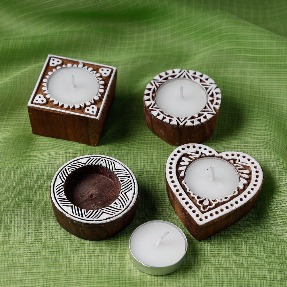 Hand Carved Sheesham Wood Block Tealight Candle Holder (Set of 4) Online at iTokri.com