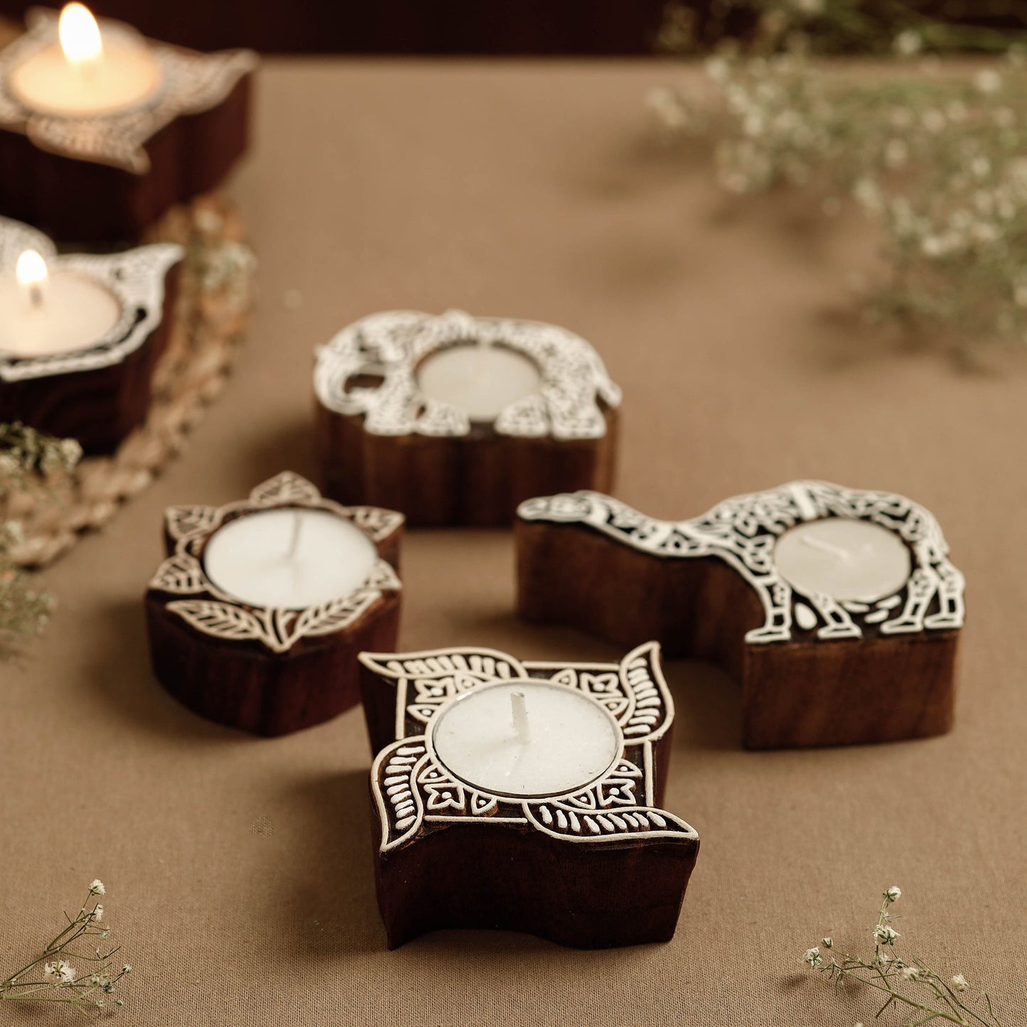 Hand Carved Sheesham Wood Block Tealight Candle Holder (Set of 4) Online at iTokri.com