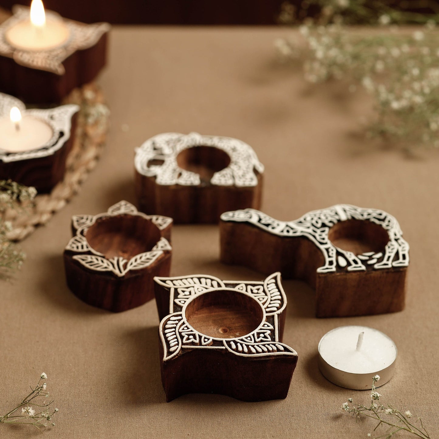 Hand Carved Sheesham Wood Block Tealight Candle Holder (Set of 4) Online at iTokri.com