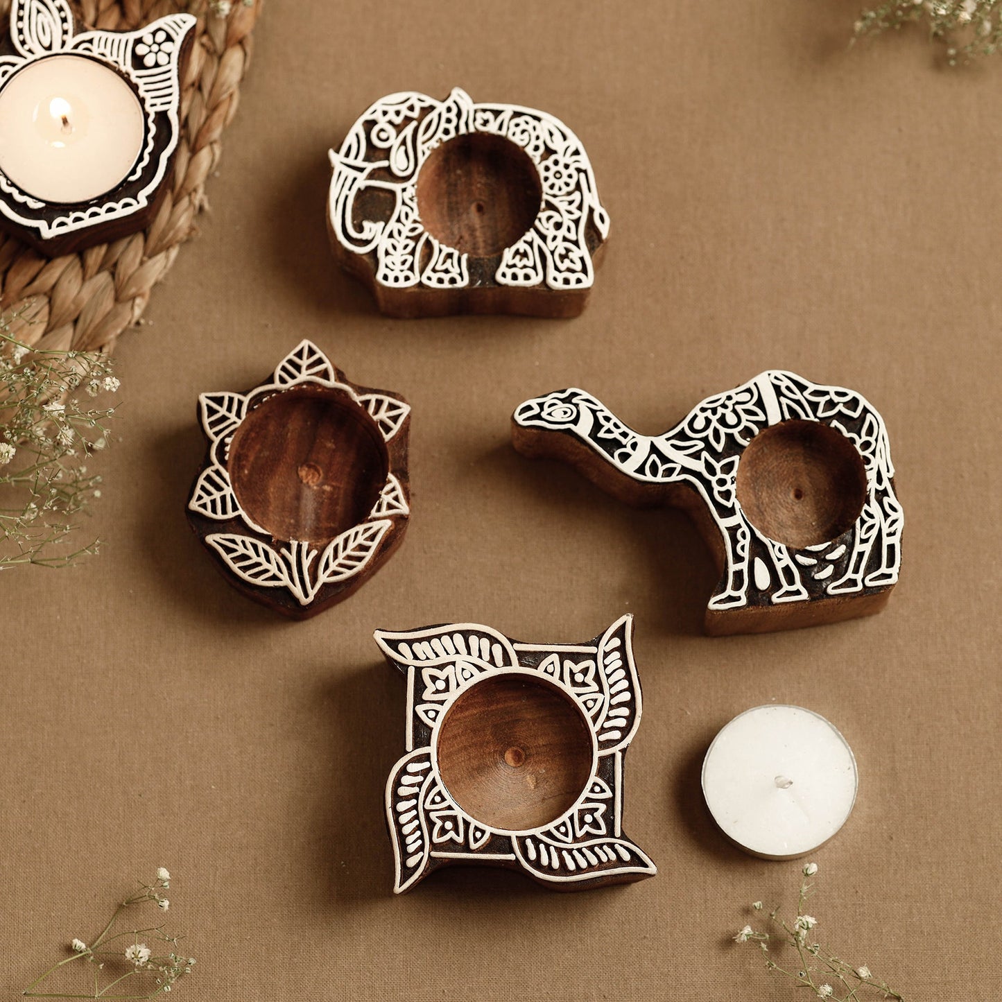 Hand Carved Sheesham Wood Block Tealight Candle Holder (Set of 4) Online at iTokri.com