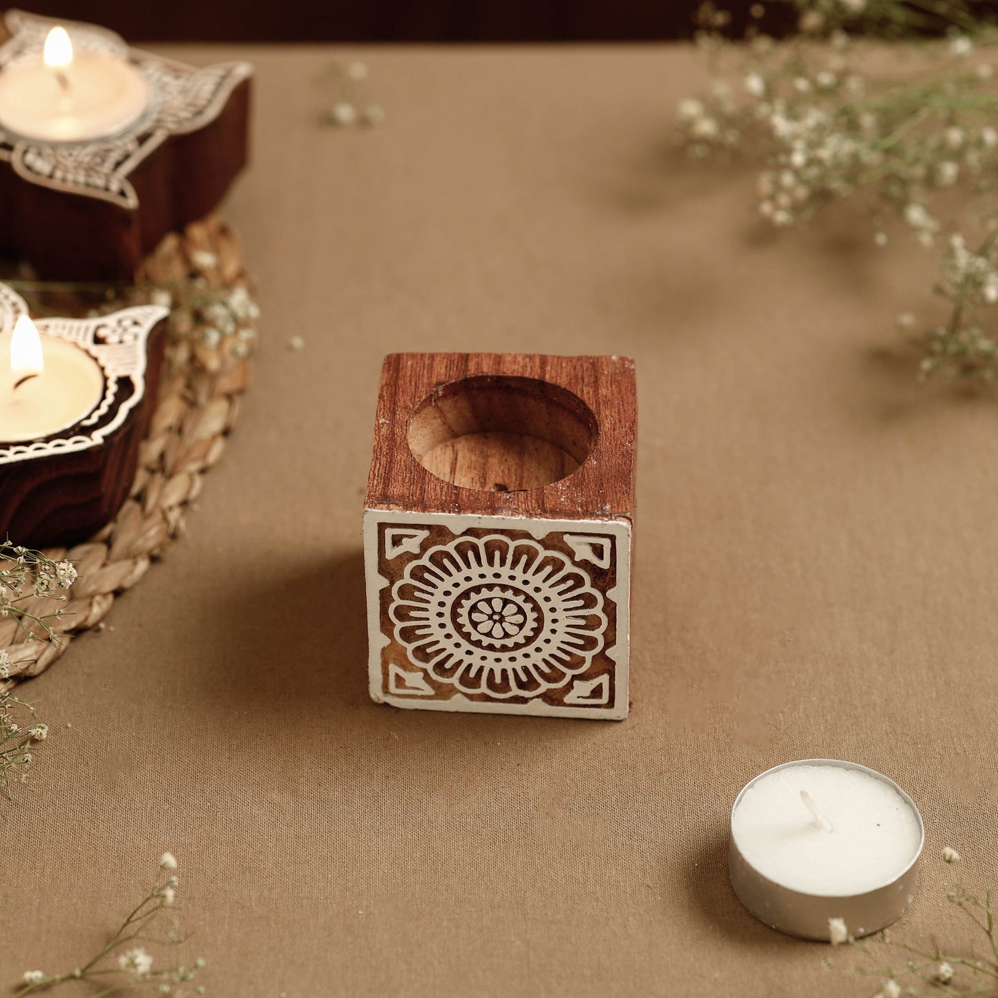 Hand Carved Sheesham Wood Block Tealight Candle Holder Online at iTokri.com