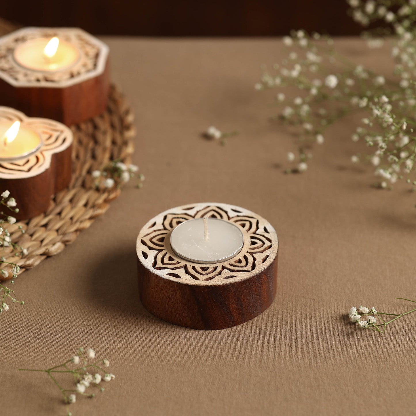 Hand Carved Sheesham Wood Block Tealight Candle Holder Online at iTokri.com