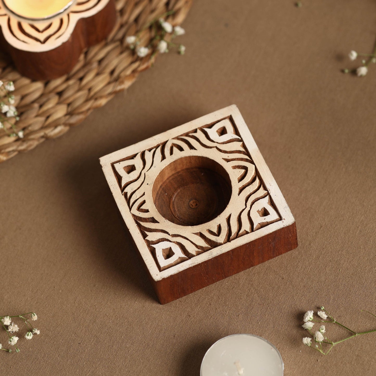 Hand Carved Sheesham Wood Block Tealight Candle Holder Online at iTokri.com