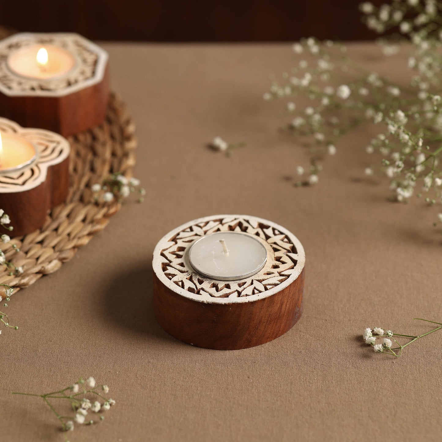 Hand Carved Sheesham Wood Block Tealight Candle Holder Online at iTokri.com