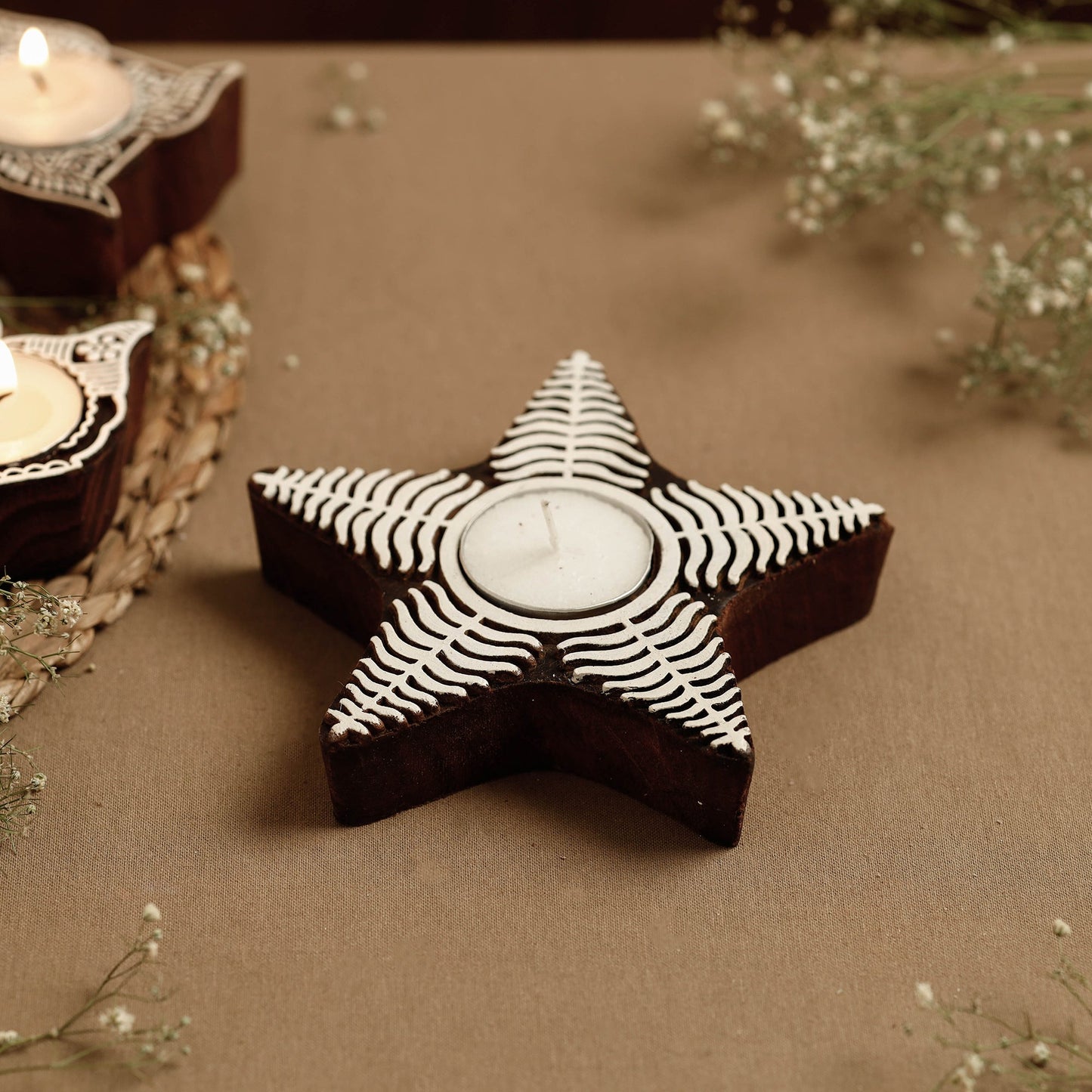 Hand Carved Sheesham Wood Block Tealight Candle Holder Online at iTokri.com