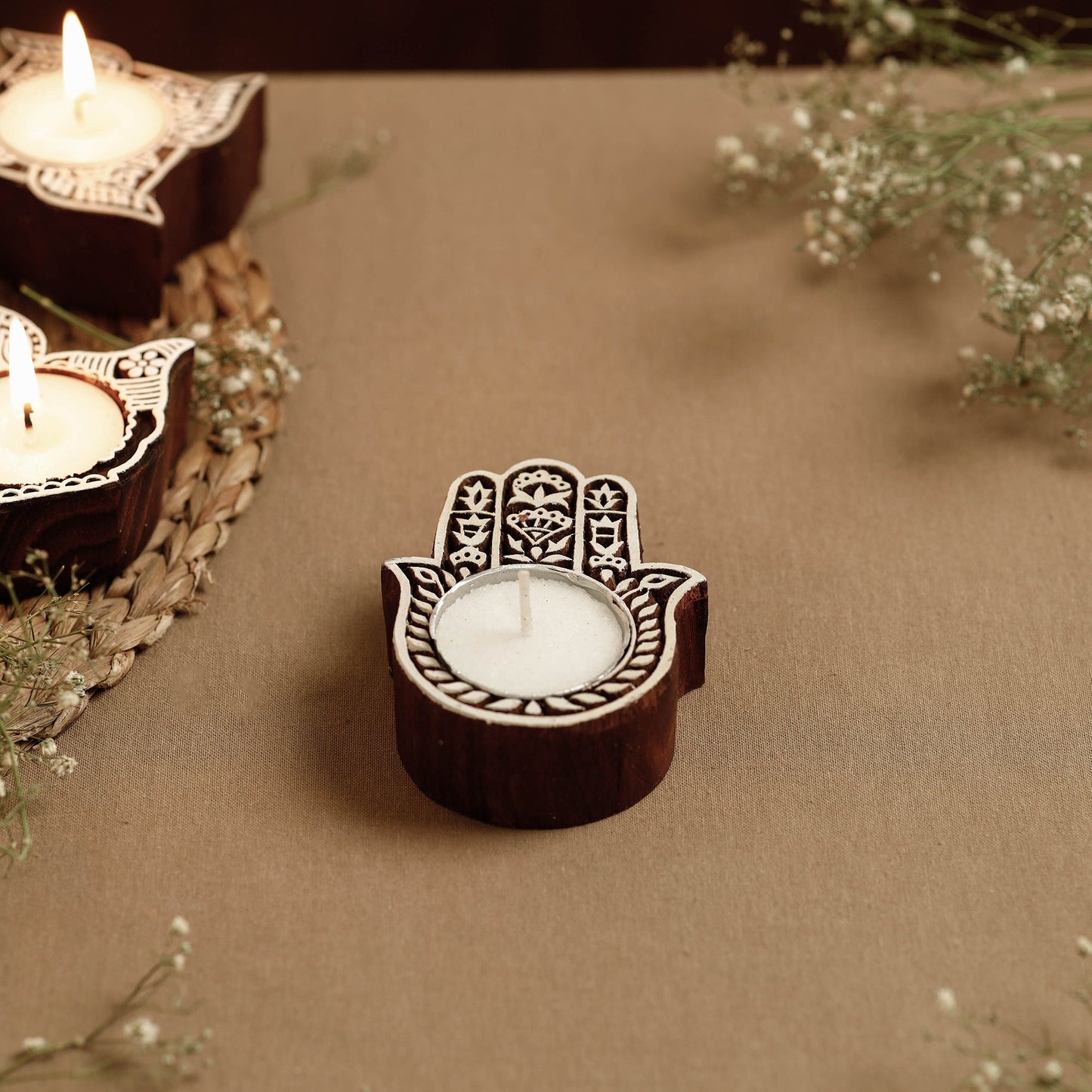 Hand Carved Sheesham Wood Block Tealight Candle Holder Online at iTokri.com