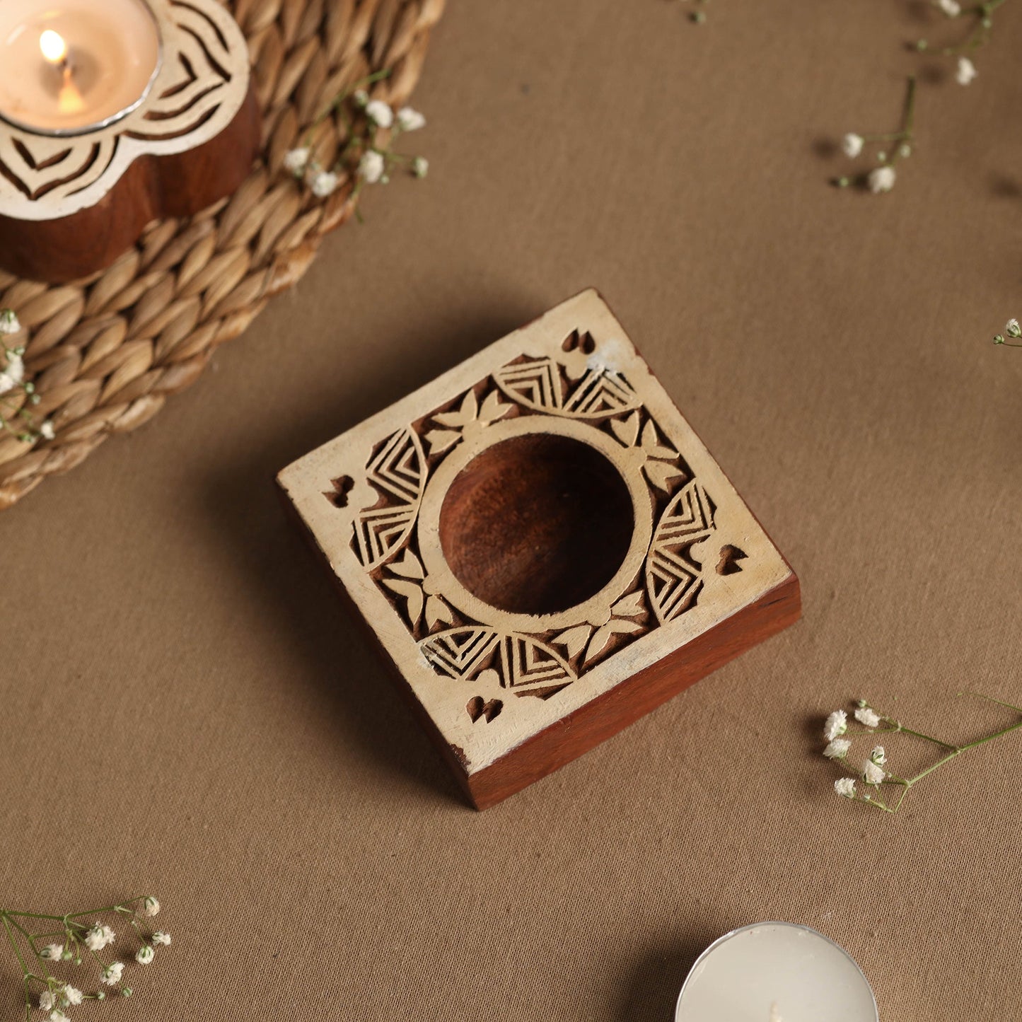 Hand Carved Sheesham Wood Block Tealight Candle Holder Online at iTokri.com