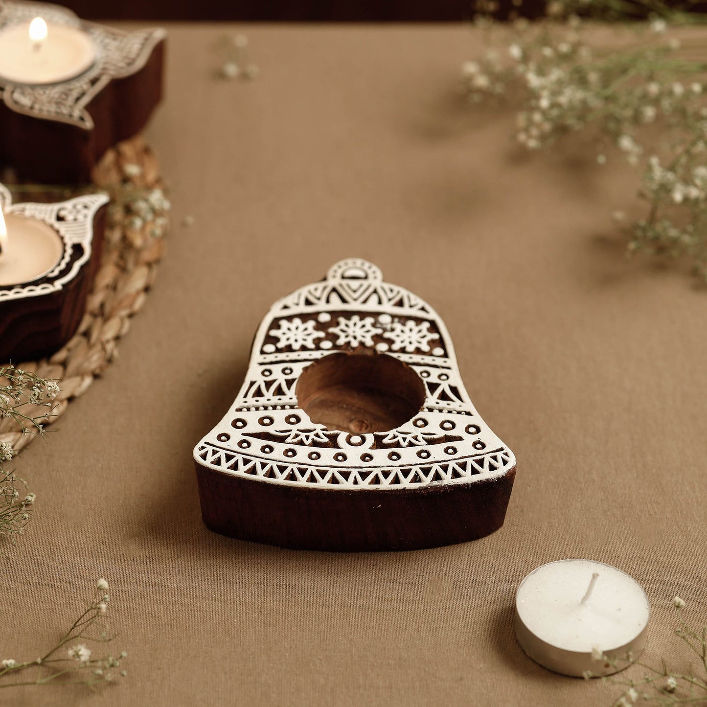 Hand Carved Sheesham Wood Block Tealight Candle Holder Online at iTokri.com