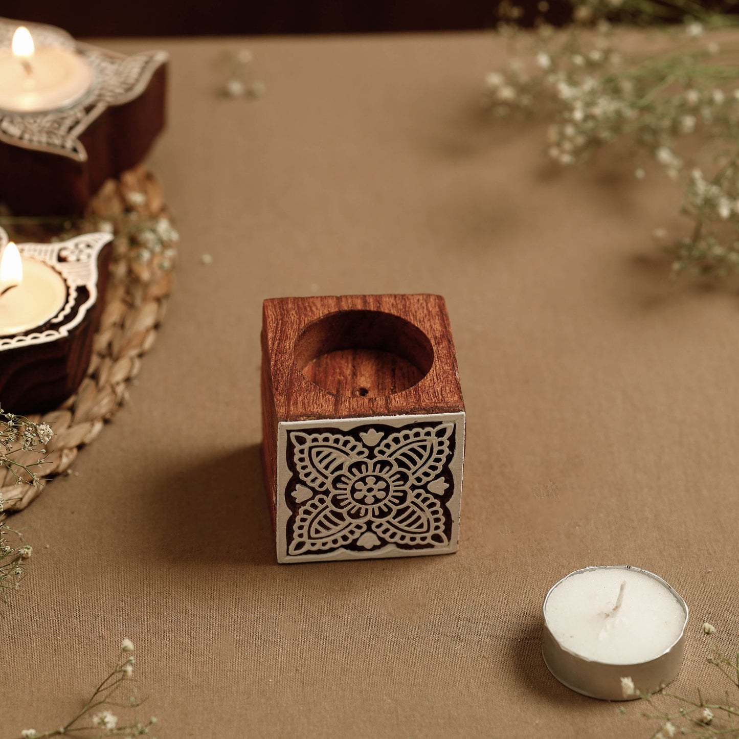 Hand Carved Sheesham Wood Block Tealight Candle Holder Online at iTokri.com