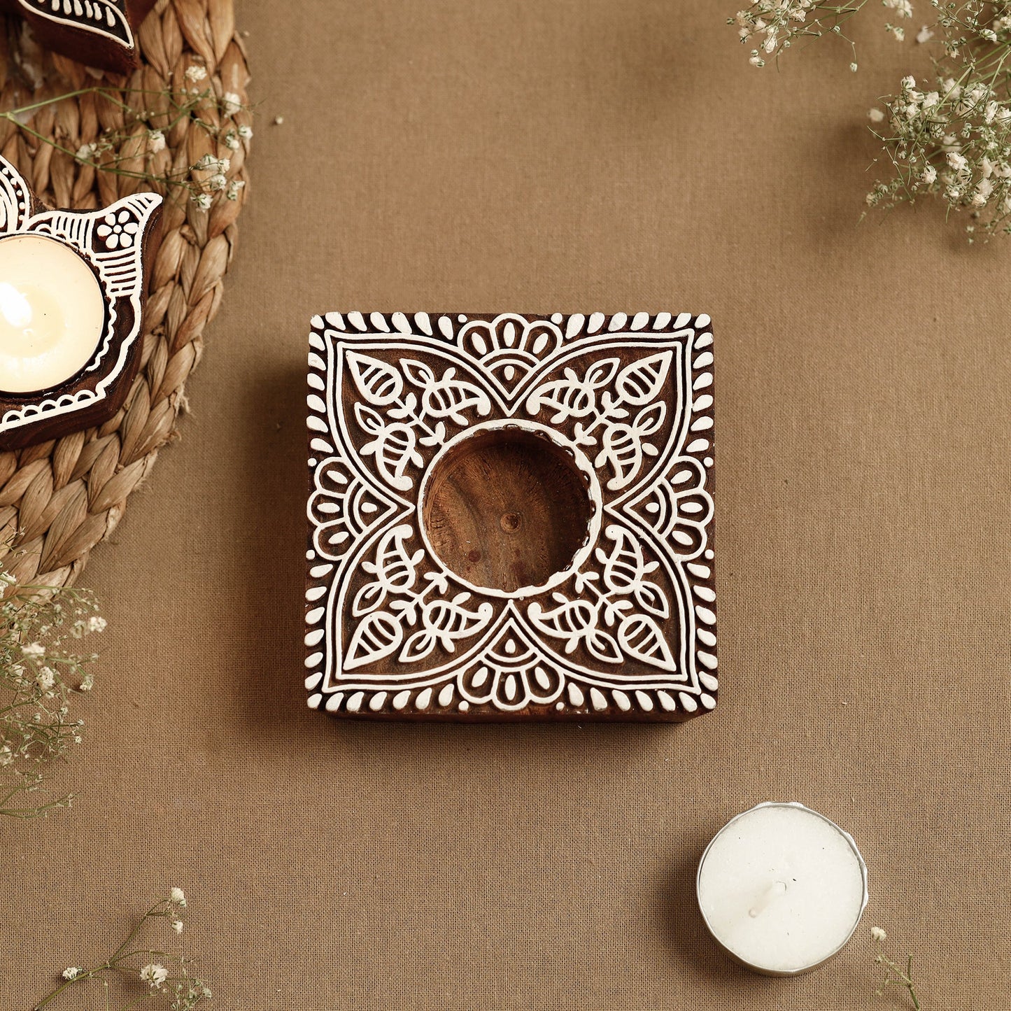 Hand Carved Sheesham Wood Block Tealight Candle Holder Online at iTokri.com
