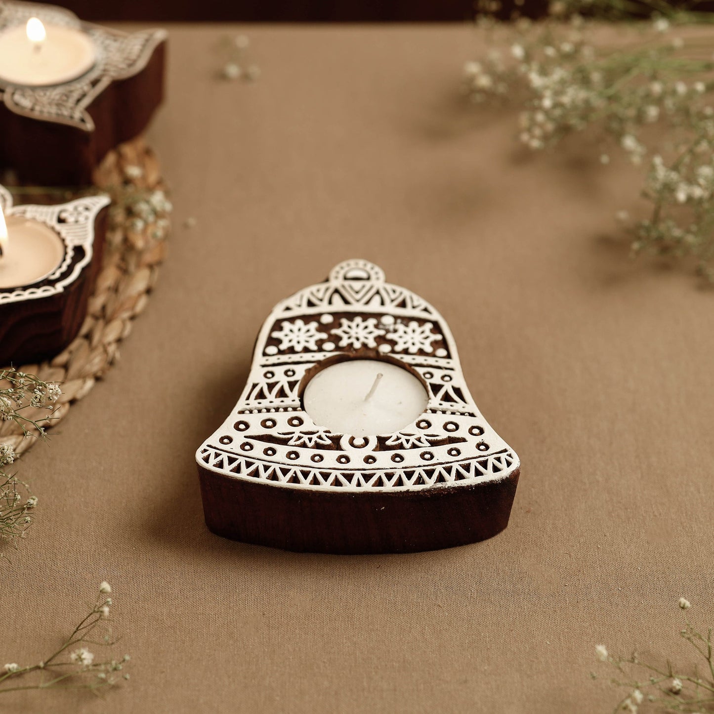 Hand Carved Sheesham Wood Block Tealight Candle Holder Online at iTokri.com