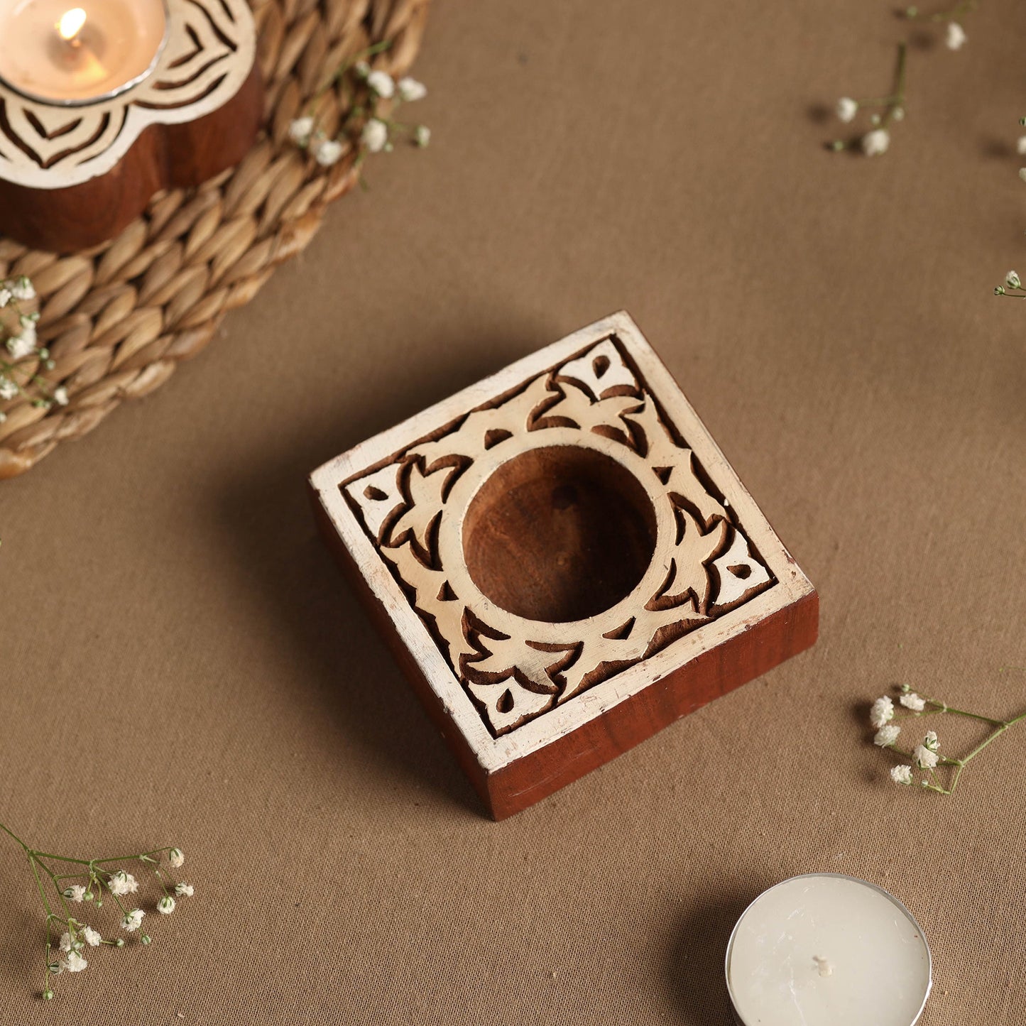 Hand Carved Sheesham Wood Block Tealight Candle Holder Online at iTokri.com