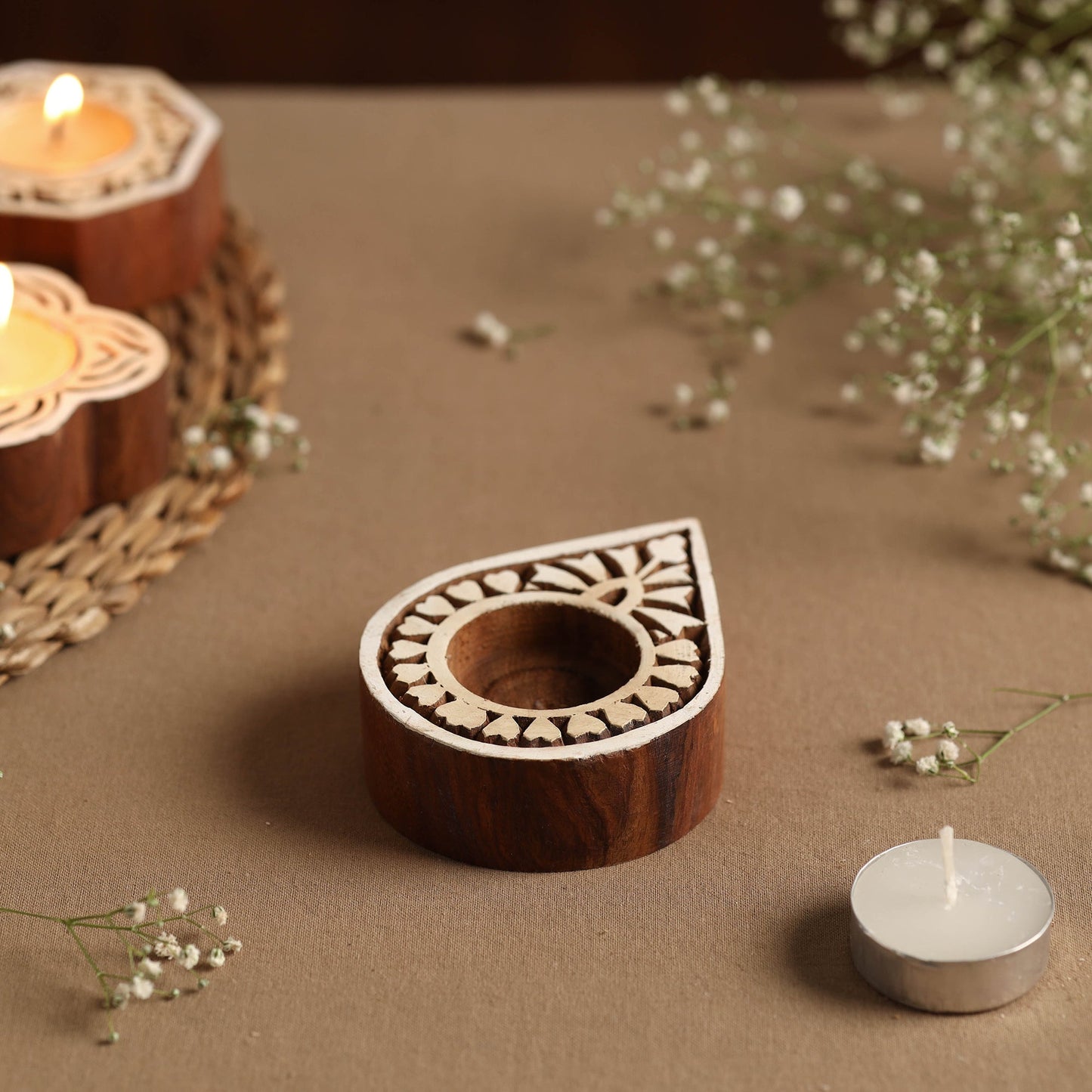 Hand Carved Sheesham Wood Block Tealight Candle Holder Online at iTokri.com