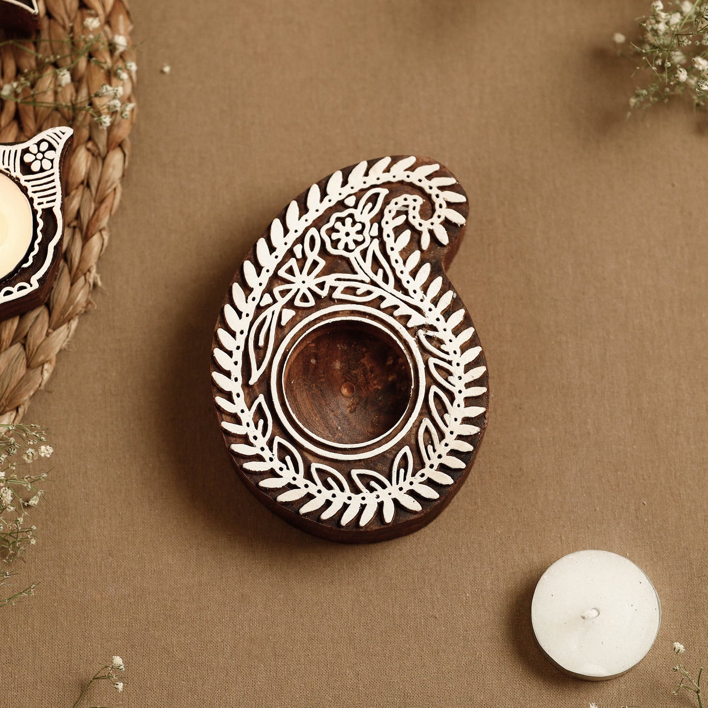 Hand Carved Sheesham Wood Block Tealight Candle Holder Online at iTokri.com