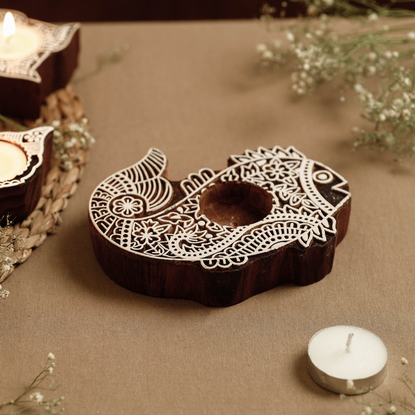 Hand Carved Sheesham Wood Block Tealight Candle Holder Online at iTokri.com