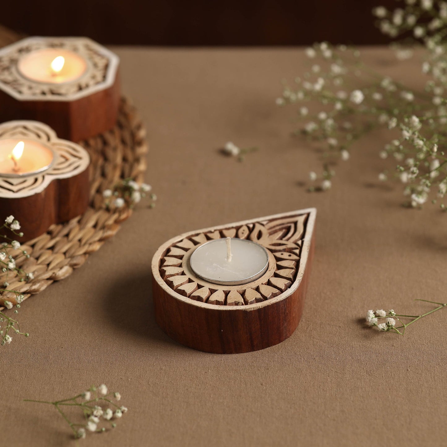 Hand Carved Sheesham Wood Block Tealight Candle Holder Online at iTokri.com