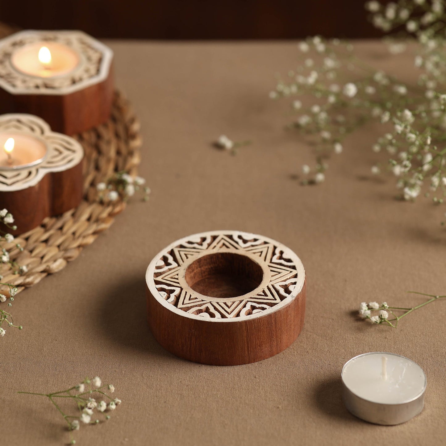 Hand Carved Sheesham Wood Block Tealight Candle Holder Online at iTokri.com
