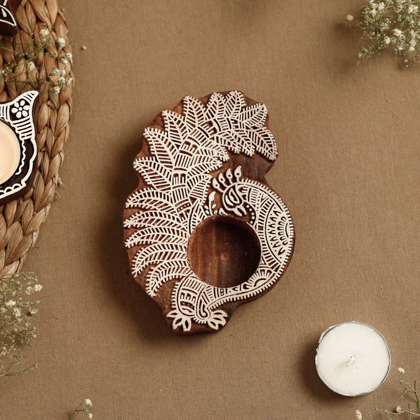 Hand Carved Sheesham Wood Block Tealight Candle Holder Online at iTokri.com