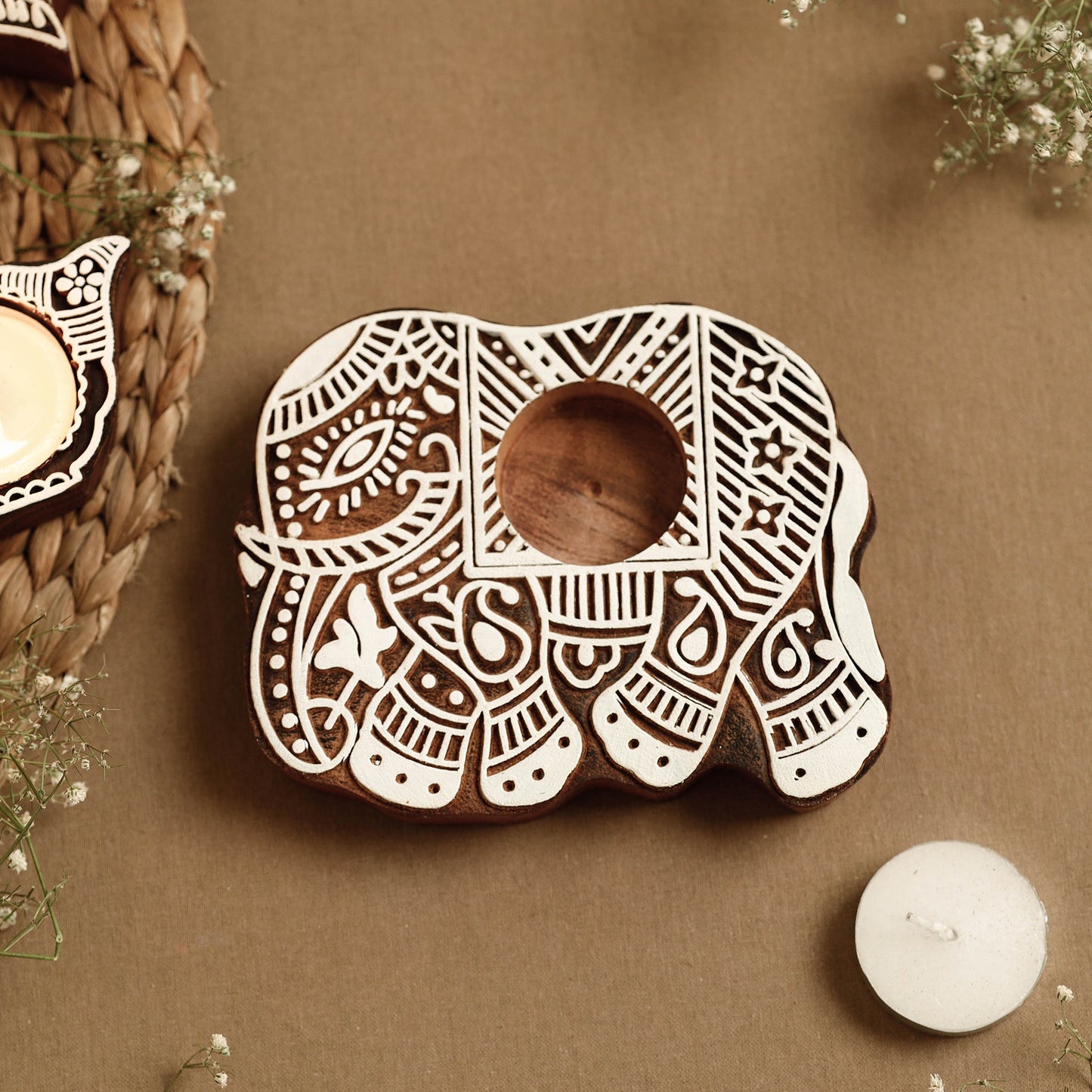 Hand Carved Sheesham Wood Block Tealight Candle Holder Online at iTokri.com