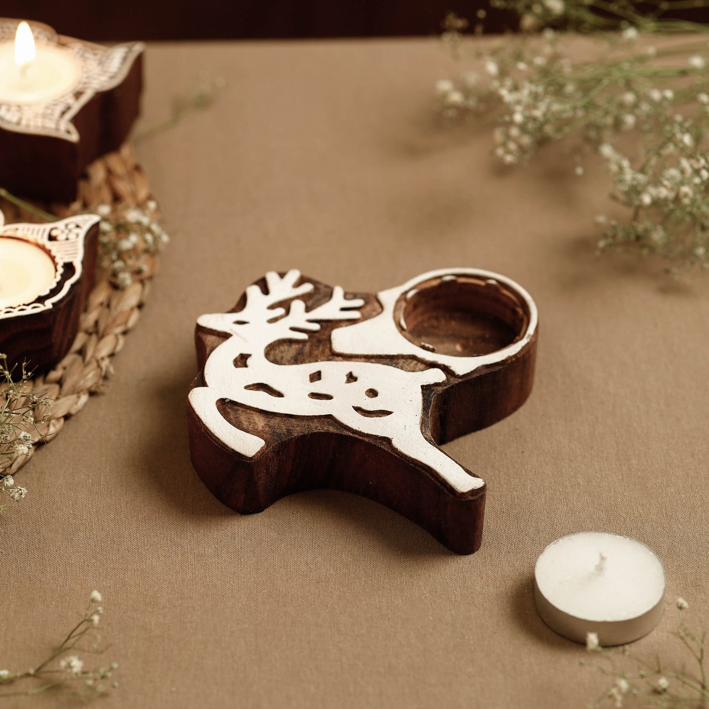 Hand Carved Sheesham Wood Block Tealight Candle Holder Online at iTokri.com