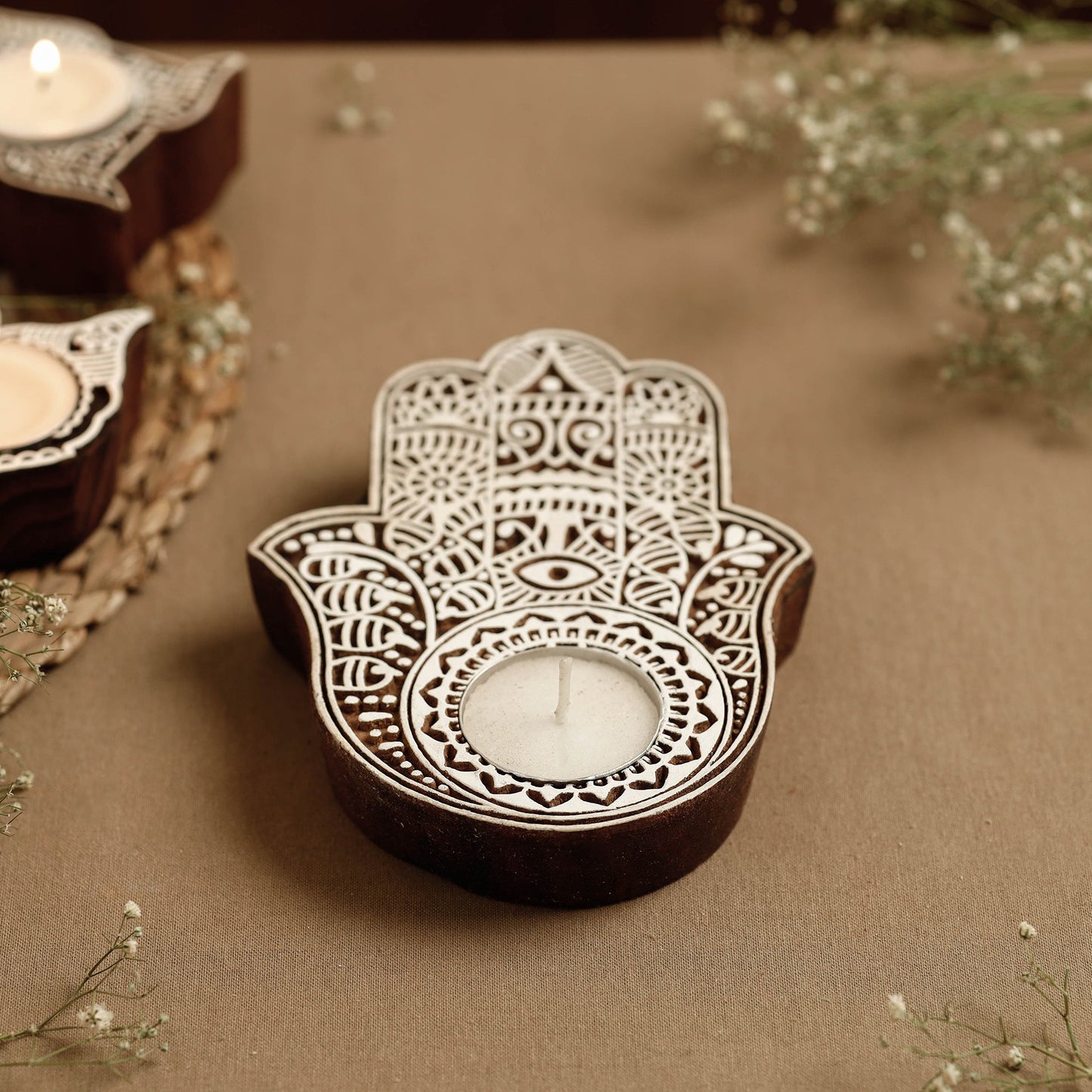 Hand Carved Sheesham Wood Block Tealight Candle Holder Online at iTokri.com