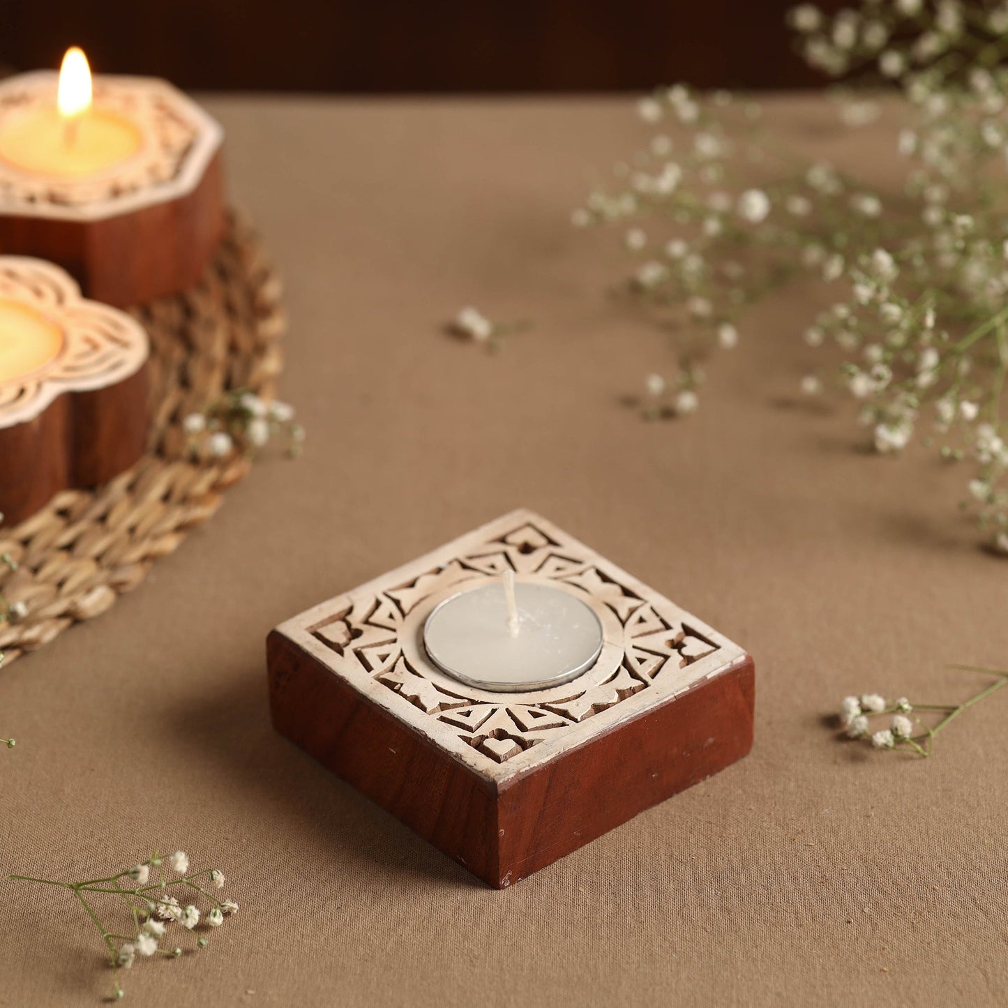 Hand Carved Sheesham Wood Block Tealight Candle Holder Online at iTokri.com