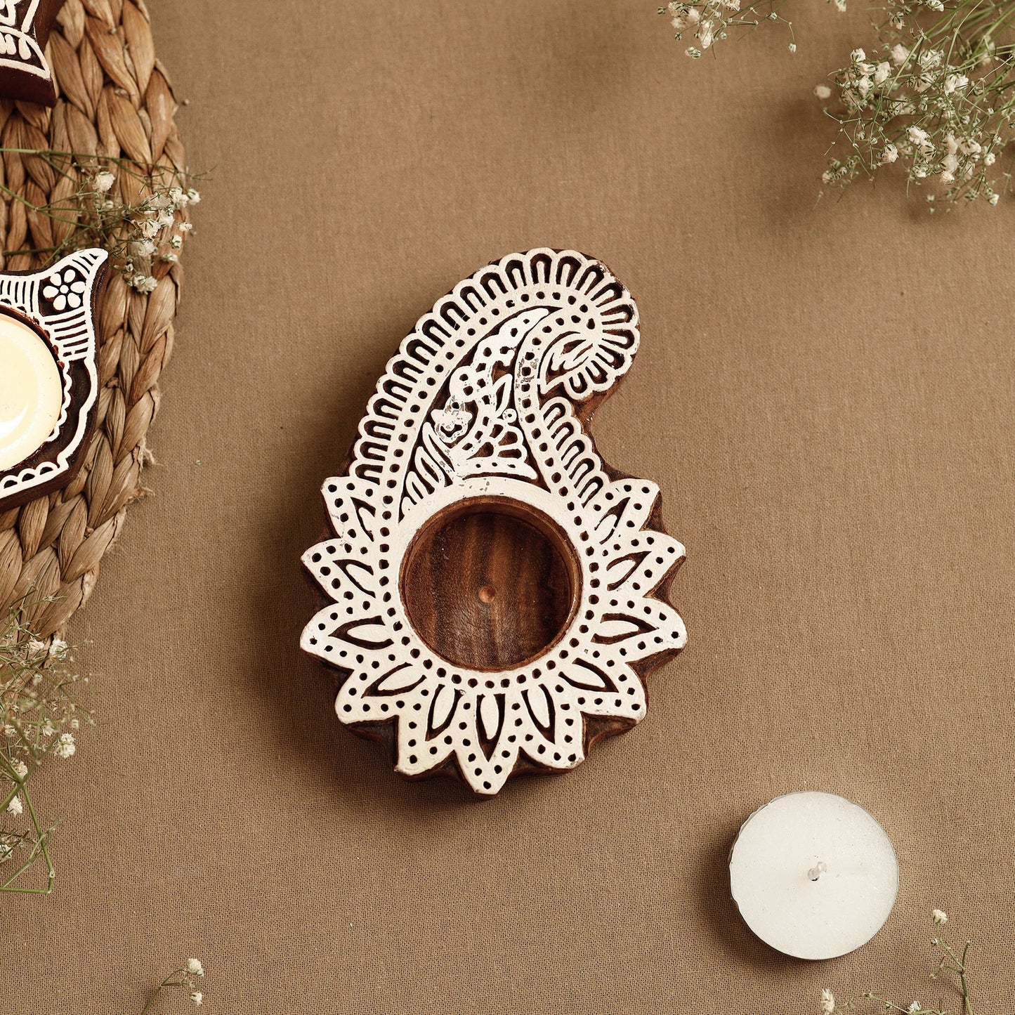 Hand Carved Sheesham Wood Block Tealight Candle Holder Online at iTokri.com