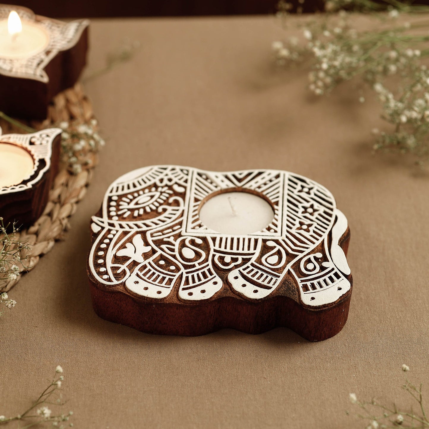 Hand Carved Sheesham Wood Block Tealight Candle Holder Online at iTokri.com