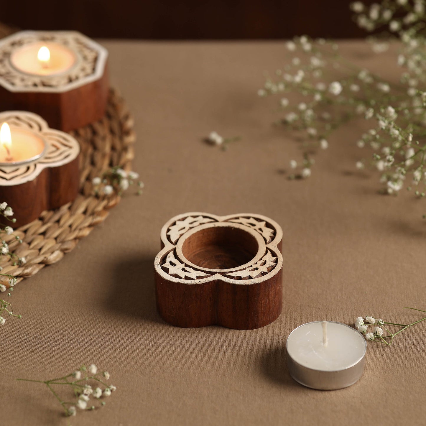 Hand Carved Sheesham Wood Block Tealight Candle Holder Online at iTokri.com
