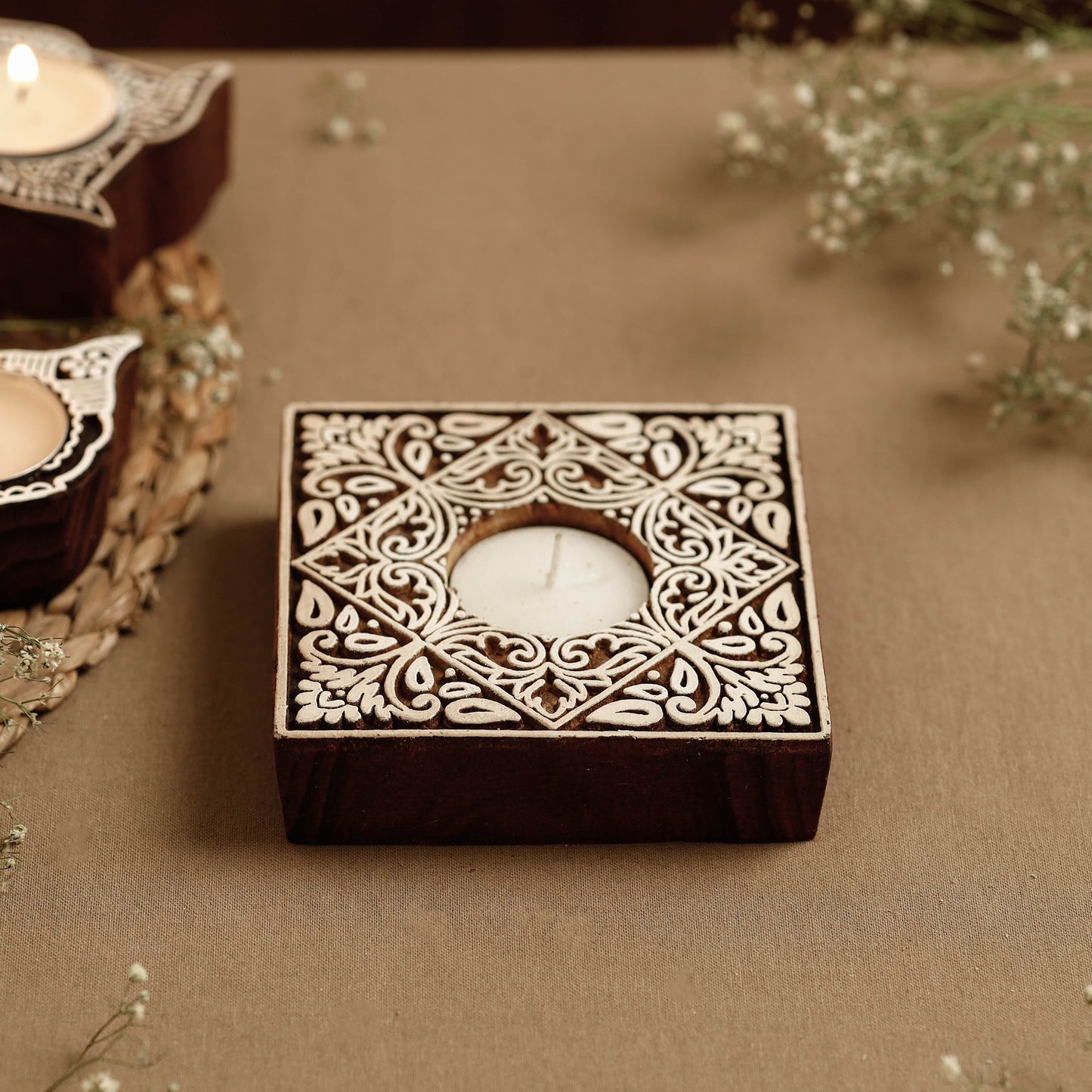 Hand Carved Sheesham Wood Block Tealight Candle Holder Online at iTokri.com